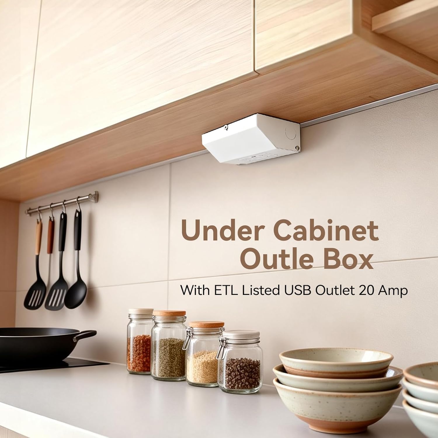 Under Cabinet Outlet Box with USB Outlet 20 Amp 125V (ETL Listed), Solid Metal Housing and Hinge Construction, Hidden Electrical Solution, Easy to Install and Wire, Multiple Safety Protection