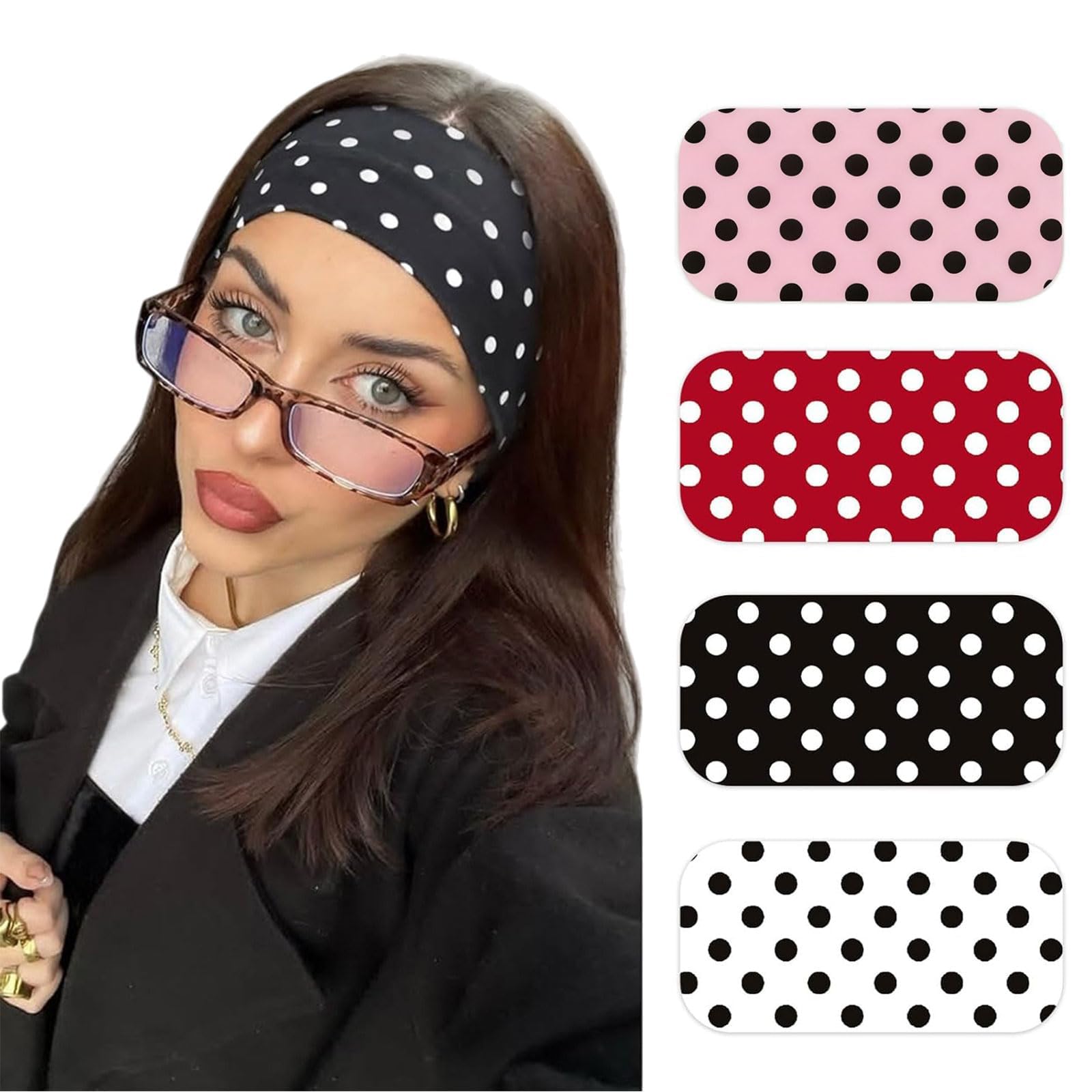 4 Pcs Hairband for Woman, Polka Dot Hair Band Retro, Vintage Styling for Parties and Sports Activities, Set of Black White Burgundy Pink Colors-image-19