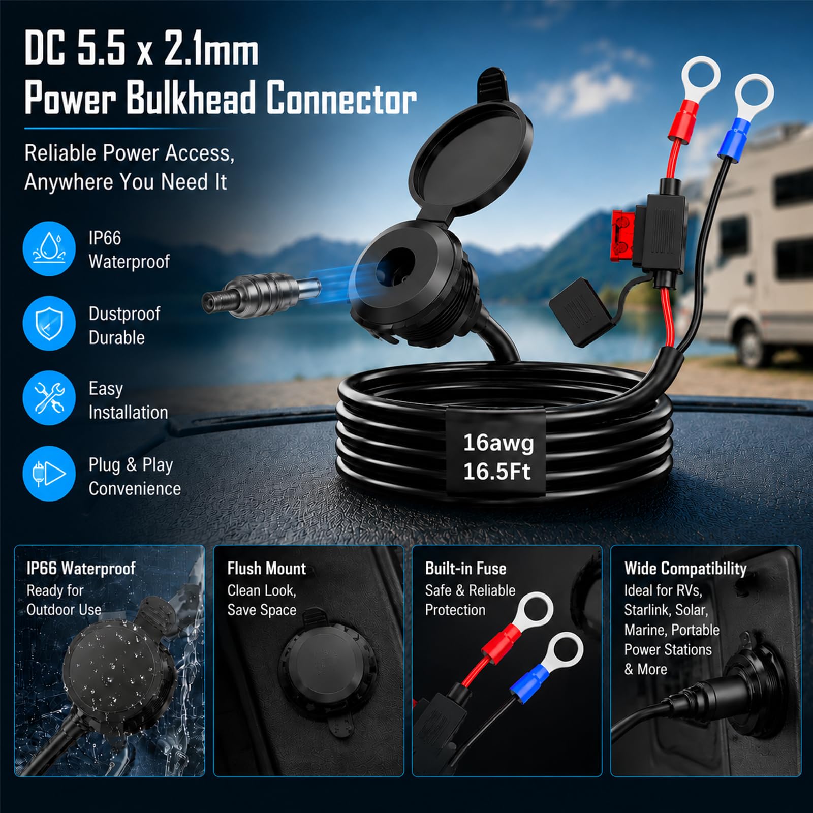 Starlink - Mini adaptador de batería hembra a enchufe de junta tórica con portafusibles ATC/ATO, cable de extensión Starlink Mini CC, adaptador convertidor de corriente impermeable