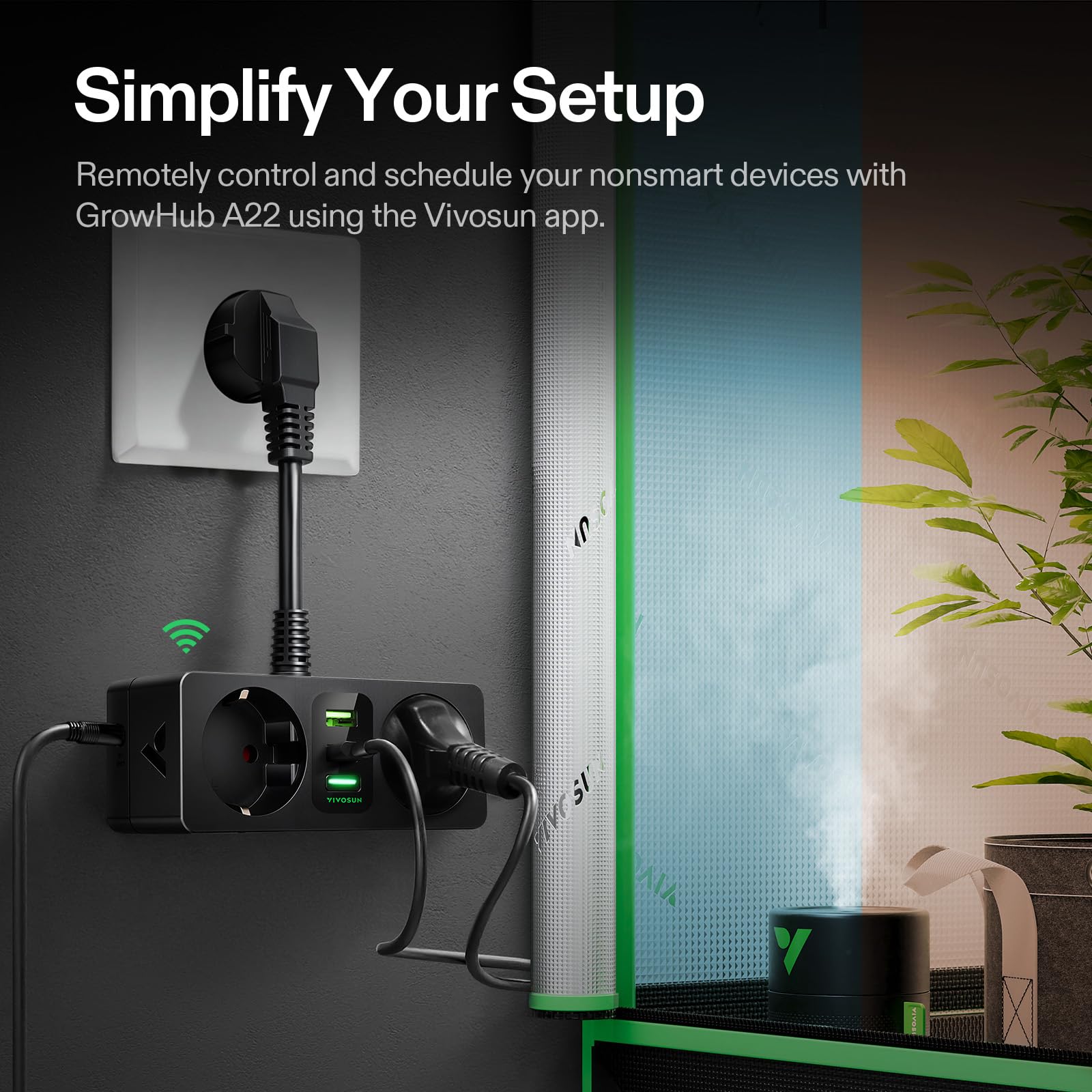 VIVOSUN GrowHub A22 controlador enchufe con sensor temperatura humedad Smart WiFi control ambiental enchufe termostato 15A 3600W compatible app VIVOSUN para grow tent