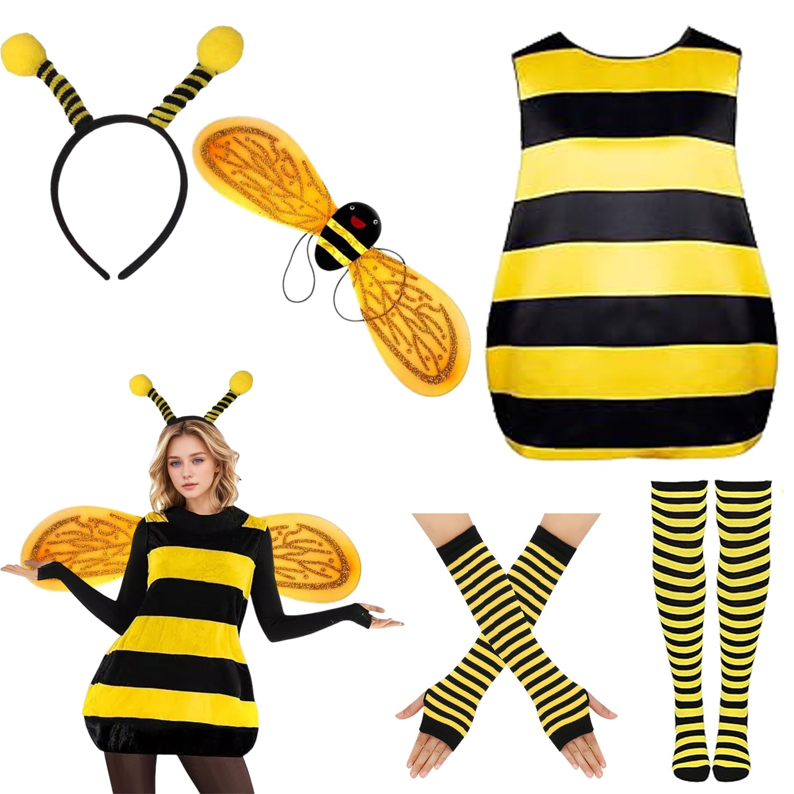 Raveparty Bee Costume Adult, Bumble Bee Costume Adult, Bee Wings Headband World Book Day Costumes for Women (Yellow, S)