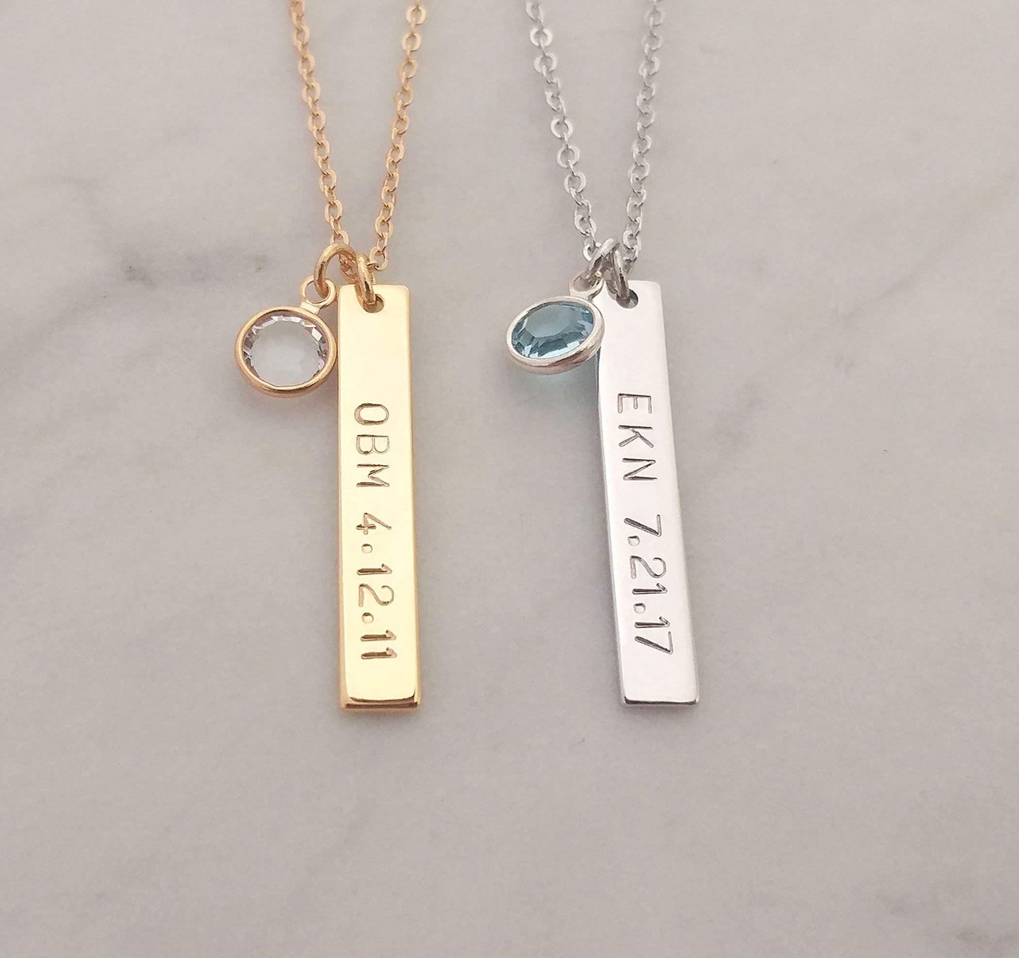 Custom Hand Stamped Name Date Swarovski Crystal Birthstone Birth Stone Tag Necklace, Gold Silver Vertical Nameplate Bar, Birthday Gift