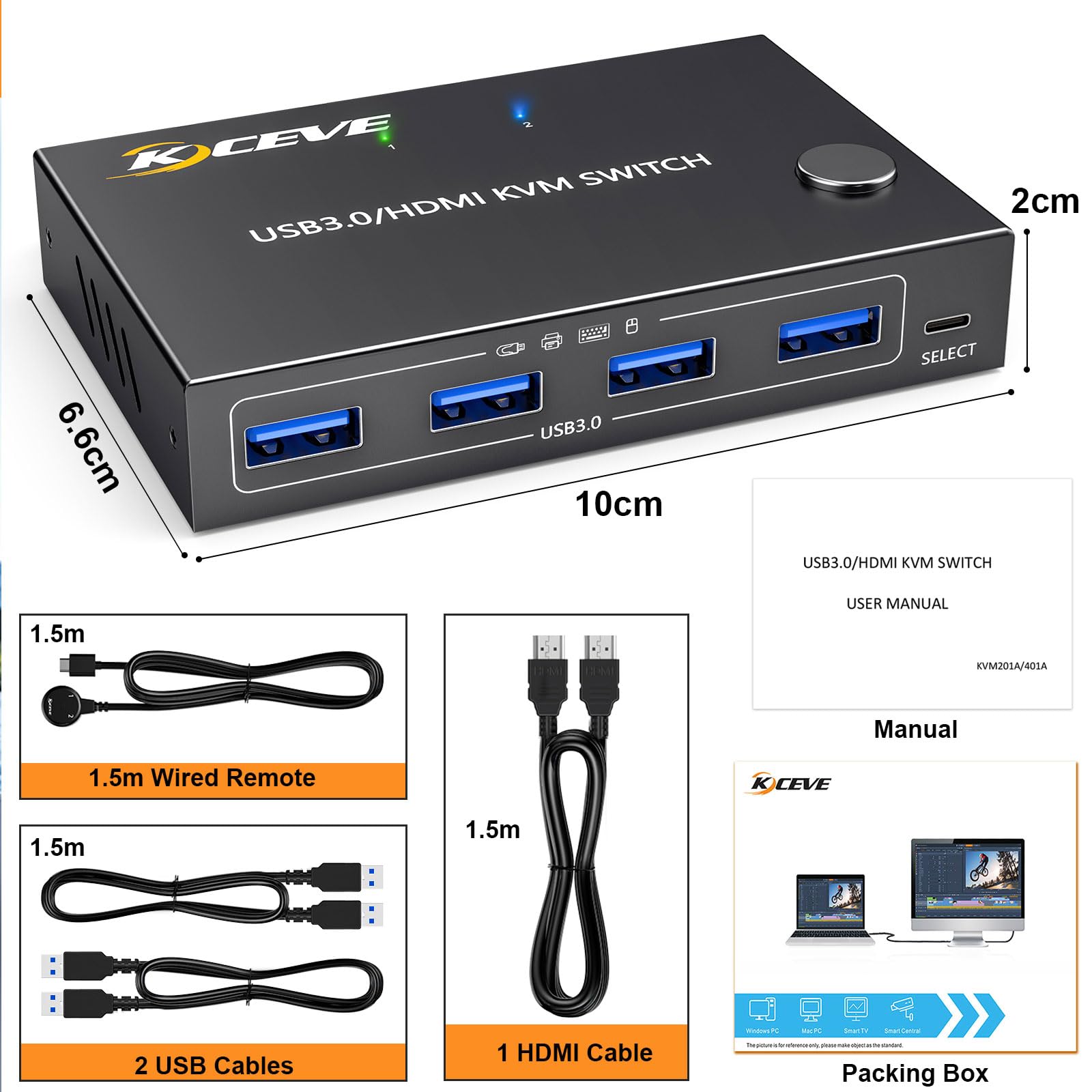 KCEVE KVM Switch 2 Computer 1 Monitor HDMI | 4K @ 60Hz, USB 3.0 KVM Switch HDMI per 2 computer condivisione tastiera mouse, telecomando cablato (4K HD 2 in 1 out)
