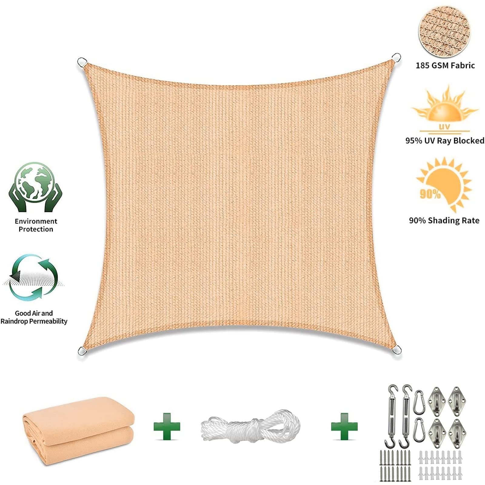 Tenda Parasole con Corde di Fissaggio, Vela Ombreggiante in HDPE 185 G/M² Traspirante Permeabile Tenda A Vela Protezione Solare Schermo UV 95% Giardino Esterni Patio Pergola Cortile,6.5'x10'