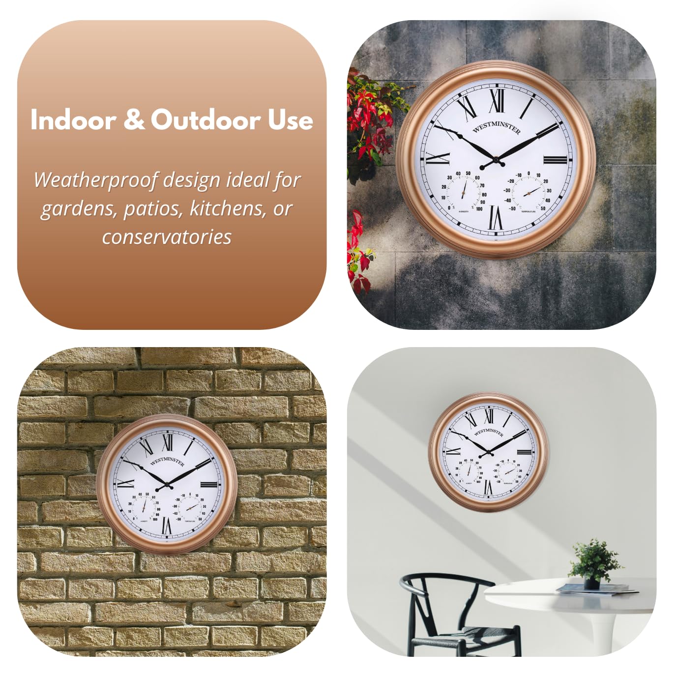 Homezone Grande Orologio da Parete in Rame 38,1 cm con Termometro Barometro Stazione Meteo Resistente alle Intemperie