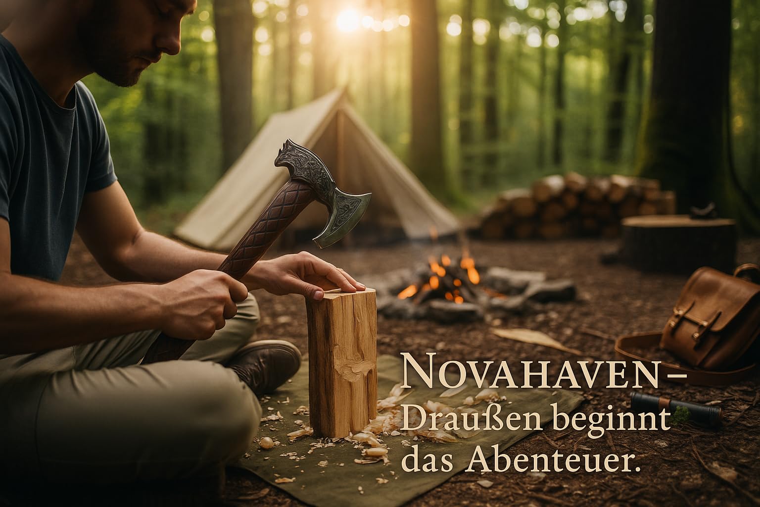 Novahaven Fenrir – Handgeschmiedete Outdoor Axt 56 cm Carbonstahl mit geschnitztem Eschenholzgriff, Wolfskopf & Drachendesign, Lederscheide für Camping & Dekoration