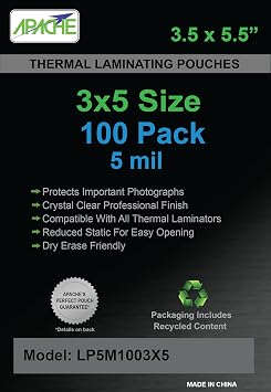 Apache 3x5" Size Laminating Pouches, 5 Mil, 100 Pack, Holds 3 x 5 Inch Projects 3.5 x 5.5 Inch Pouch Size, Thermal Laminator Compatible Laminating Sheets, Super Clear, Round Corners