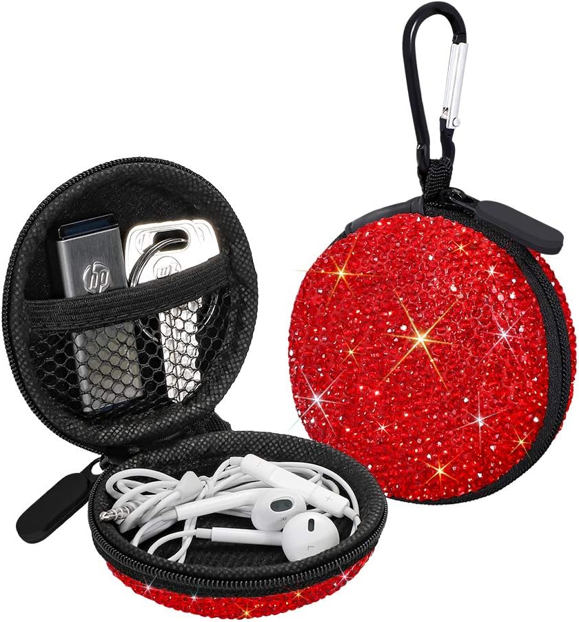 SAVORI Earphone Case Earbuds Small Carrying Cases Bling Rhinestone Crystal Portable Headphone Organizer Storage Pouch Bag with Carabiner 1 Pack (Red)