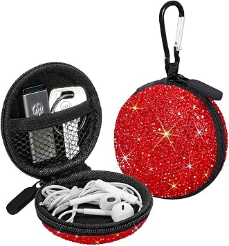 SAVORI Earphone Case Earbuds Small Carrying Cases Bling Rhinestone Crystal Portable Headphone Organizer Storage Pouch Bag with Carabiner 1 Pack Red