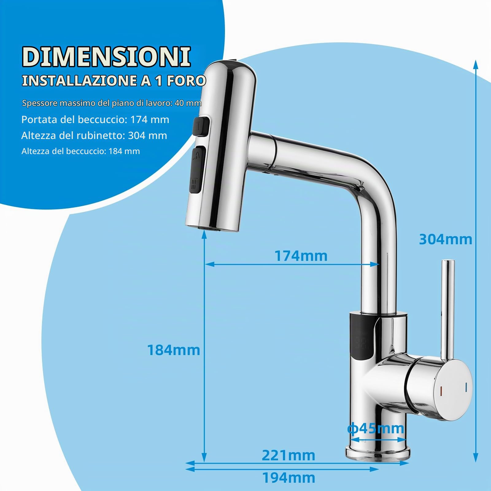 Rubinetto Bagno Lavabo Doccetta Estraibile Cromato LED Temperatura | Miscelatore Lavabo Bagno Mynaiad Monocomando con 4 Getti, Girevole 360°,Finitura Cromata Anti-impronte