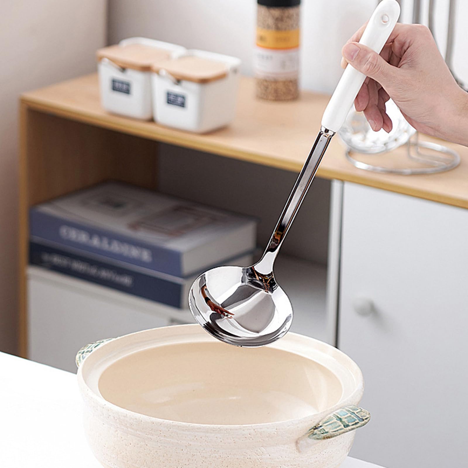 Juego De 7 Utensilios De Cocina De Metal, Juego De Utensilios De Cocina De Acero Inoxidable 304 Pulido Espejo con Soporte, Mango De Cerámica Resistente Al Calor, Apto para Lavavaji