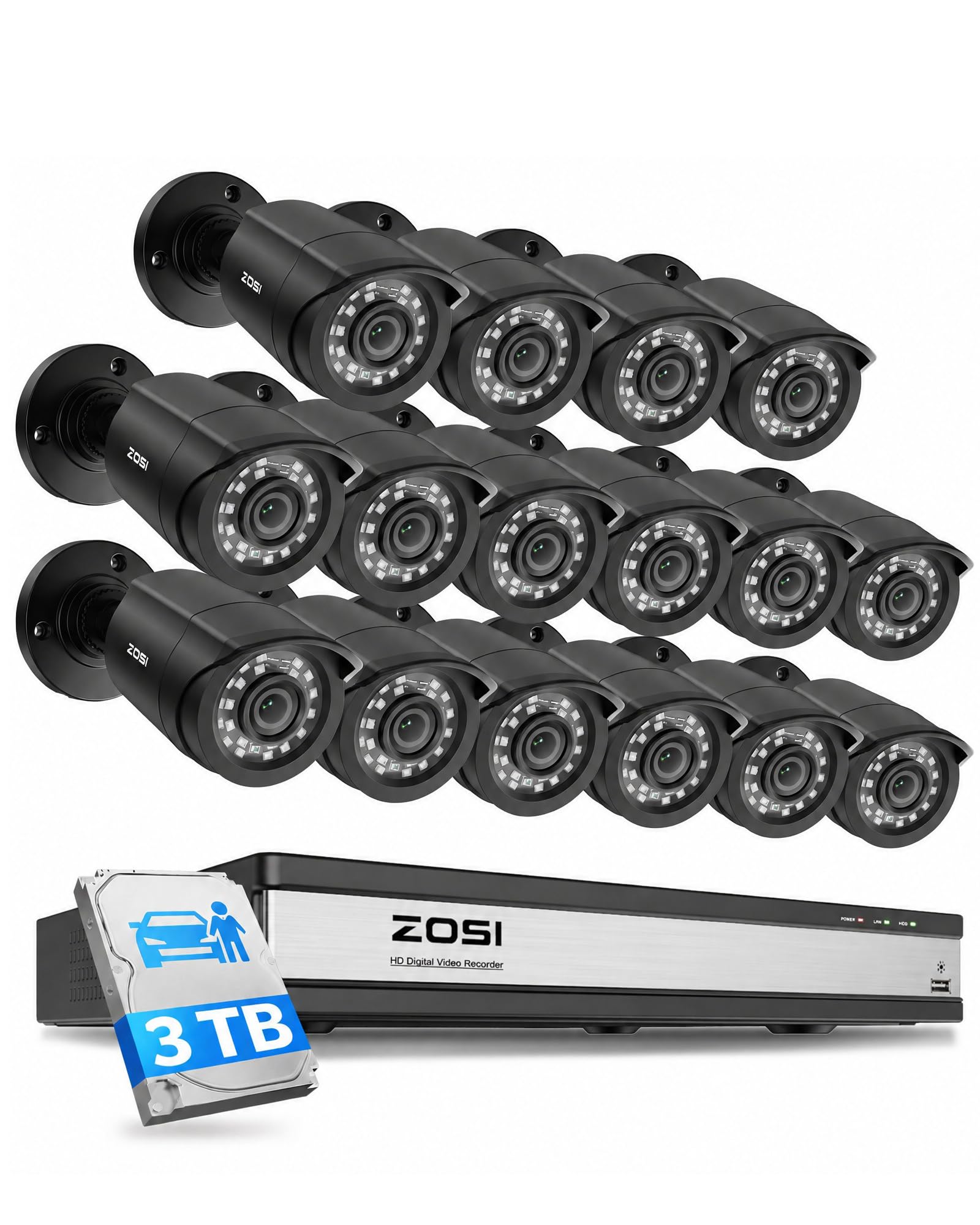 ZOSI 16CH 3K Lite Security Camera System, 16X Wired Bullet Cameras, 3TB HDD