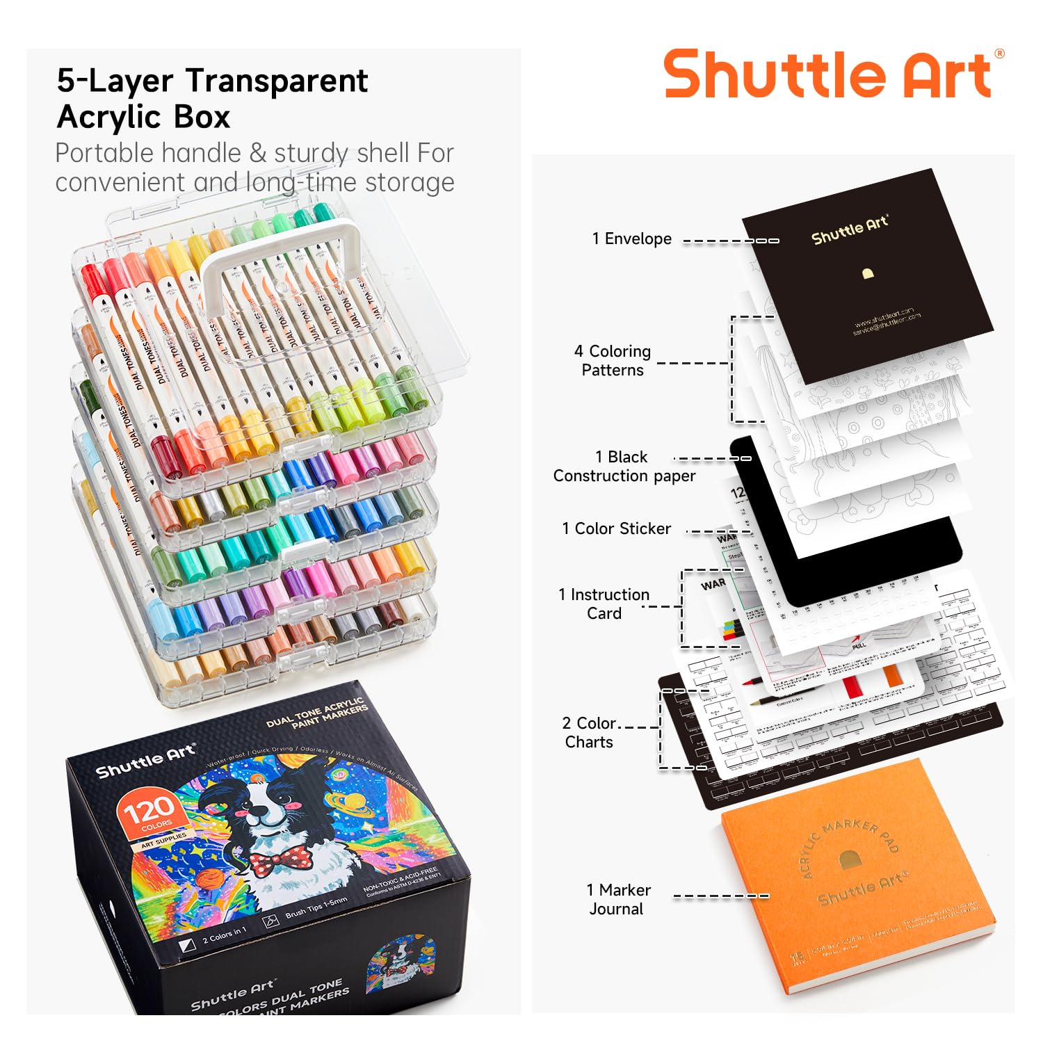 Shuttle Art Akrylowe pisaki do malowania w 120 kolorach, 60 szt., dwukolorowe markery akrylowe, pisaki do kolorowania z podwójną końcówką, markery do malowania skalnego, ceramiki, drewna, płótna