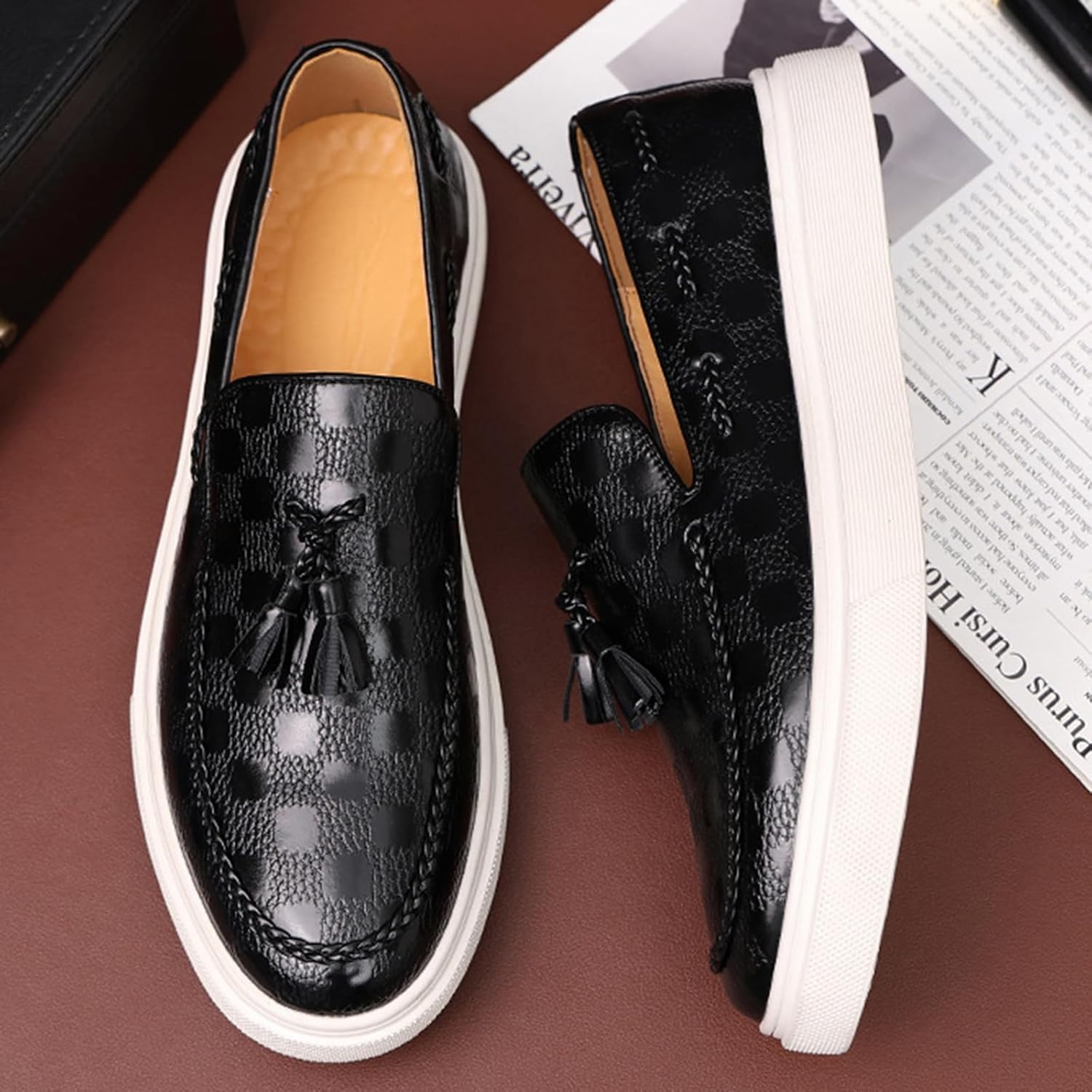 Zeberfi Men's Plaid Pattern Leather Slip On Tassel Loafers Fashion Round Toe Low Top Non-Slip Luxury Business Casual Shoes - Image 6