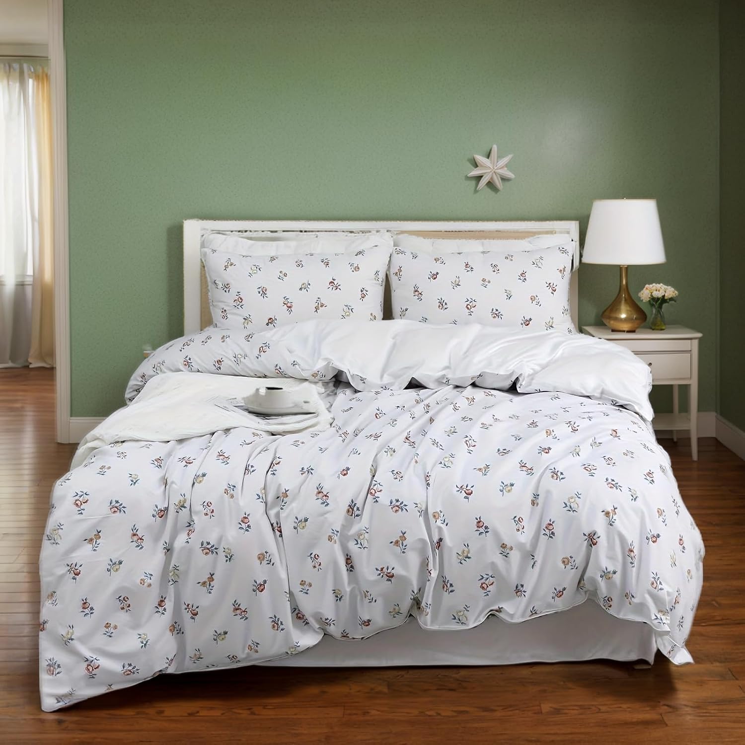 Lemfux Queen Size Duvet Cover Set 3-Piece, Cotton Crushed Flower Coquette Design | Soft White Garden Style Floral Bedding, 1 Queen Duvet Cover 90"x90" and 2 Standard Size White Pillowcases 20"x30"