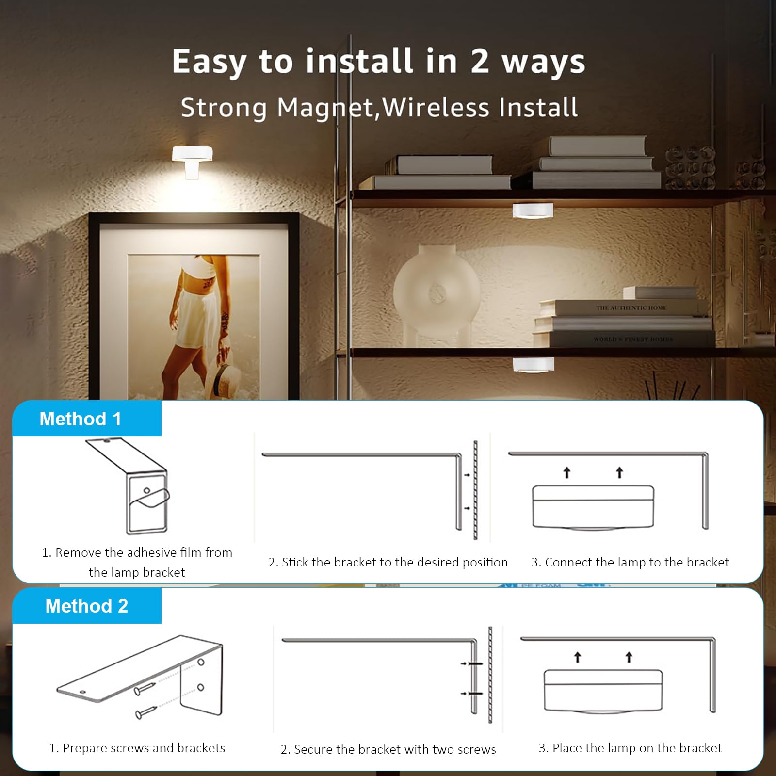 Lot de 2 lampes magnétiques sans fil avec 3 modes d'éclairage - Spot LED sans fil - Avec télécommande et minuterie - Pour peinture photo - Blanc