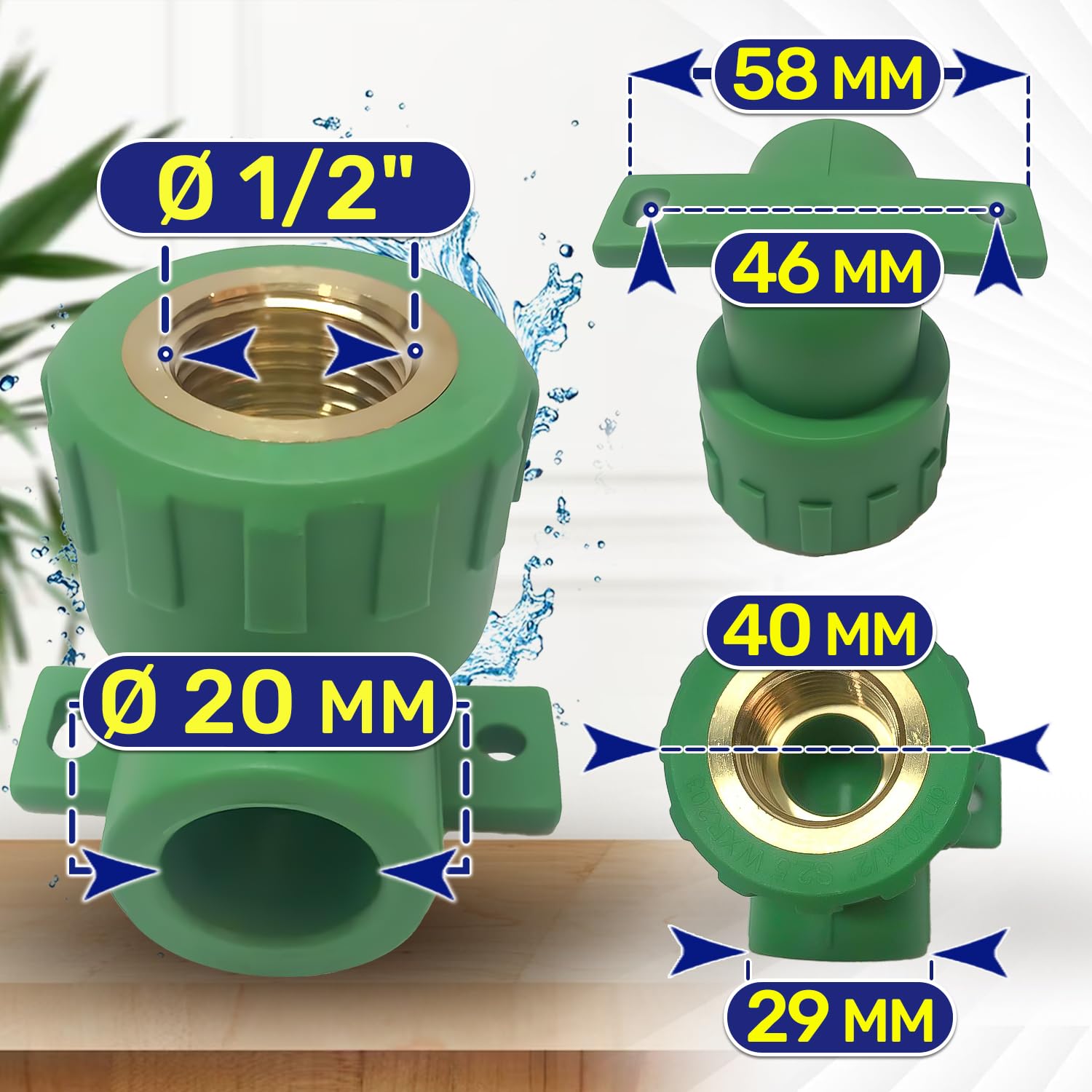 Fitting diameter 20 mm x 1/2″ 90° Elbow with Wall Bracket and Connector Made of PP-R and Metal Internal Thread for Connecting Metal Pipe with Thread to Polypropylene Plastic Pipe - Image 2