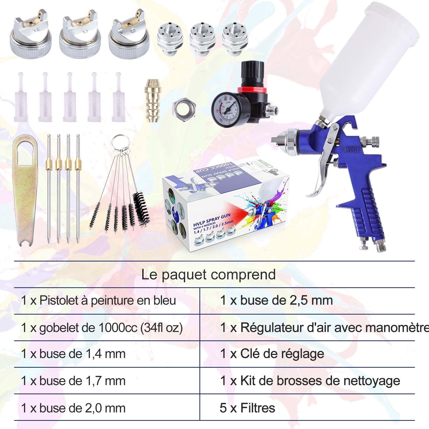 Pindex HVLP Vernice Pistola à Spruzzo con 4 Ugelli 1,4 1,7 2 2,5 mm, HVLP Gravità Pistola à Spruzzo d'Aria con 1000 ml Contenitore per Mobili Recinzione Parete Giardino,Blu