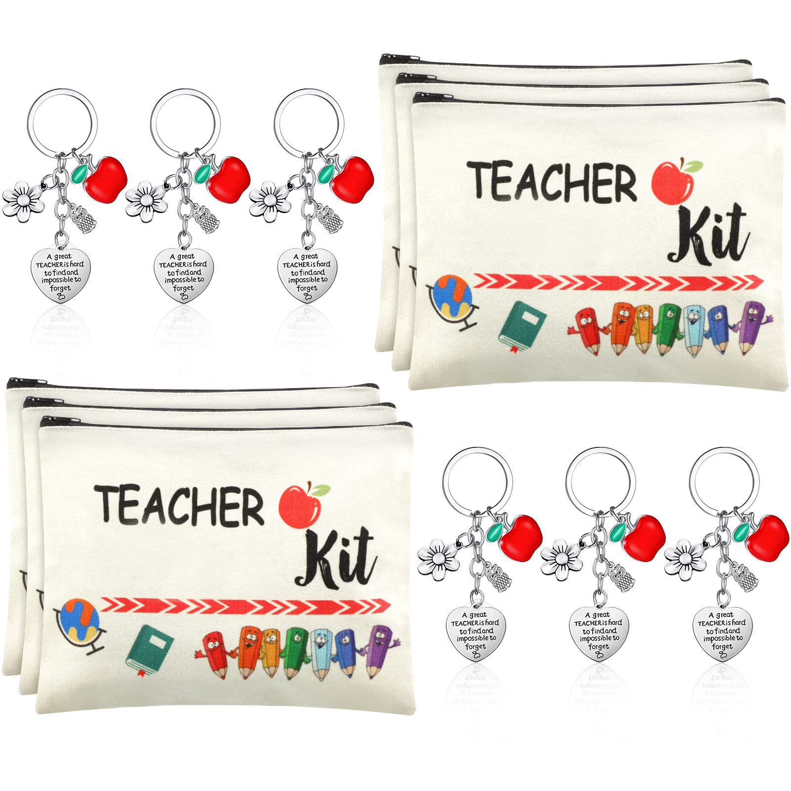 12 Pcs Teacher Appreciation Gift Bulk 6 Makeup Bags Cosmetic Pouch and 6 Keychains Valentines Graduation Gifts for Teacher Women(White,Simple Style)