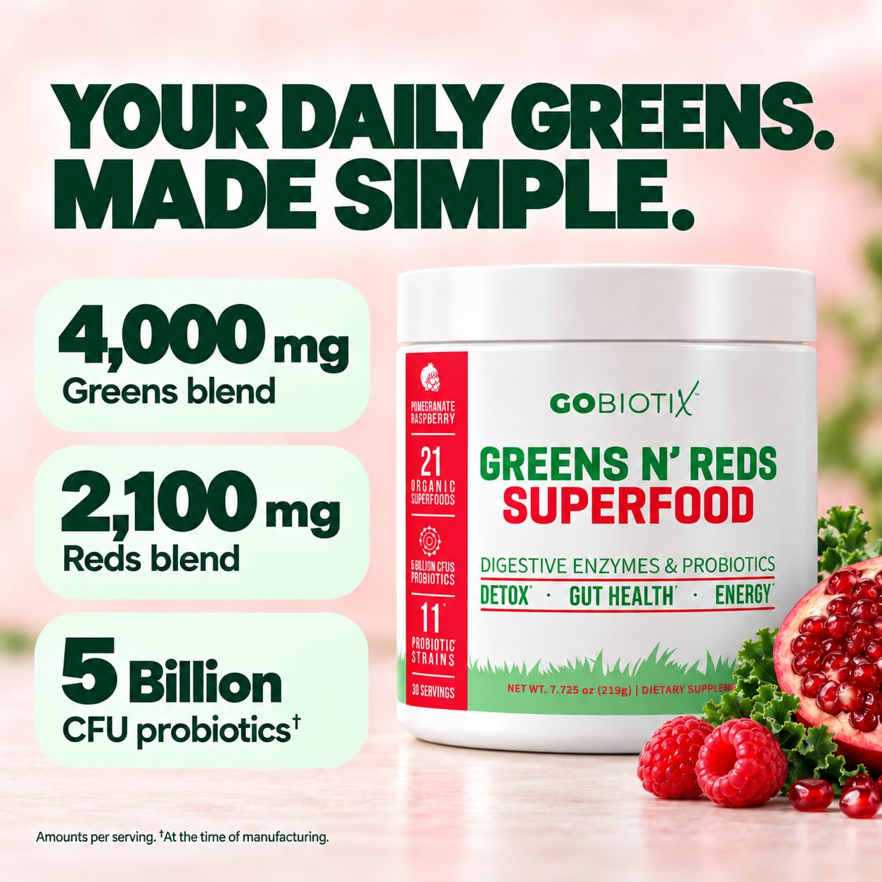 GOBIOTIX Super Greens Powder with Beet Root, Spirulina, Moringa & Chlorella – Probiotics, Enzymes & 21 Superfoods – Zero Sugar, Vegan, Non-GMO – 30 Servings (Pomegranate Raspberry) — Amazon image 3