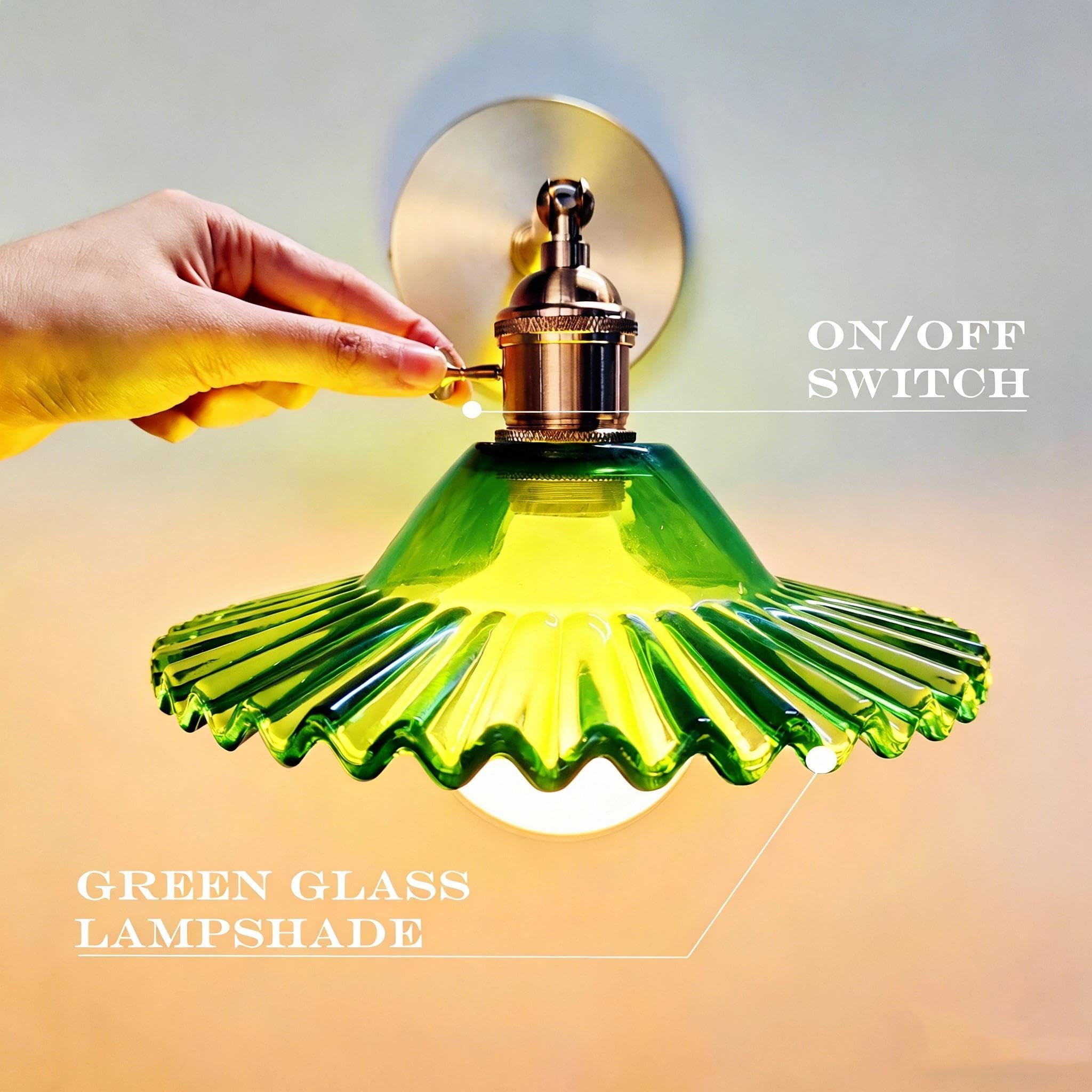 Zielona lampa ścienna w stylu vintage, ze szkła, E27, przemysłowa, z mosiężną oprawką, przełącznik, regulowane światło w górę w dół, do sypialni, kuchni, loftu