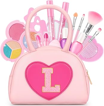 Kids Washable Play Makeup Kit for Little Girls - 18 Pcs Toddler Non Toxic Real Make Up Set with Lipstick - Birthday Gifts Toys for 3 4 5 6 7 8 9 10 Years Old Pink Initial Heart Purse - L