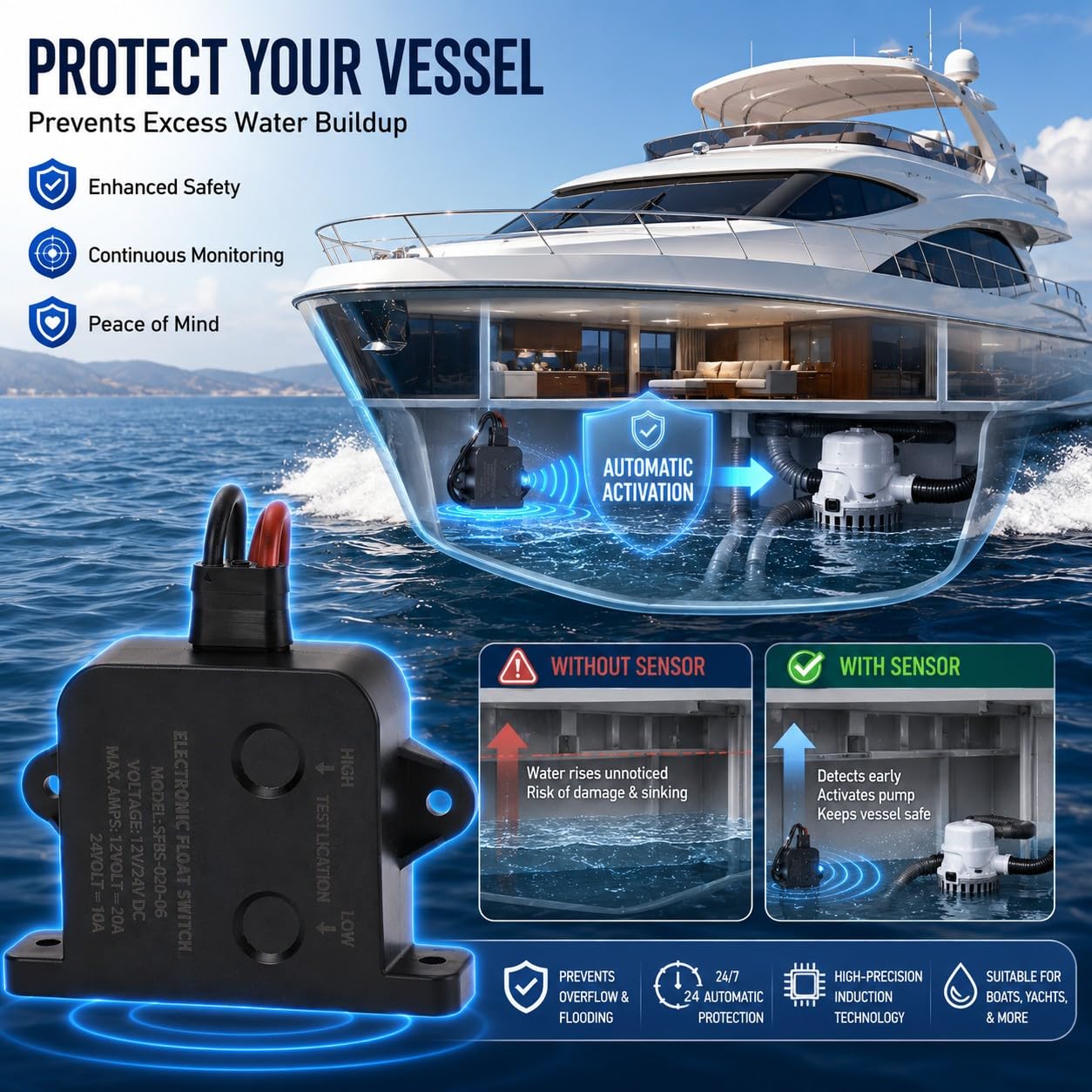 Sensor de bomba de sentina marina Alarma automática Bomba de sentina Interruptor de flotador Interruptor de sensor de nivel de agua Aparato de alarma para yates Bomba de 24V