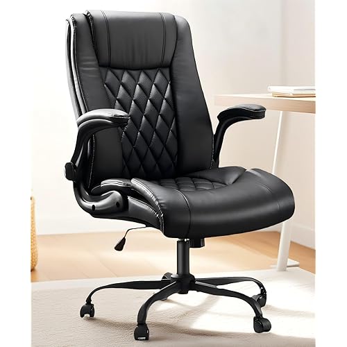 Marsail Executive Office Chair Ergonomic Desk Chair with Flip-up Armrests PU Leather Height-Adjustable Swivel Rolling Dark