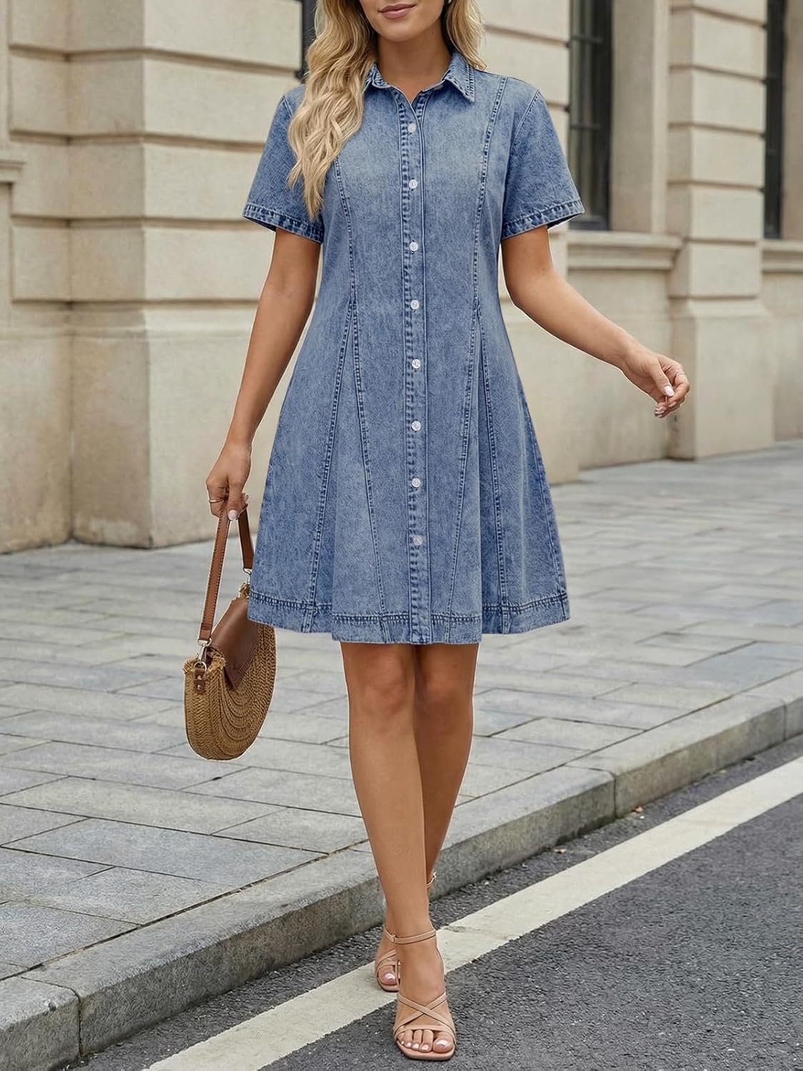 LILLUSORY Women's Short Sleeve Denim Dress - Knee Length Button Down Casual Jean Dress - Image 6