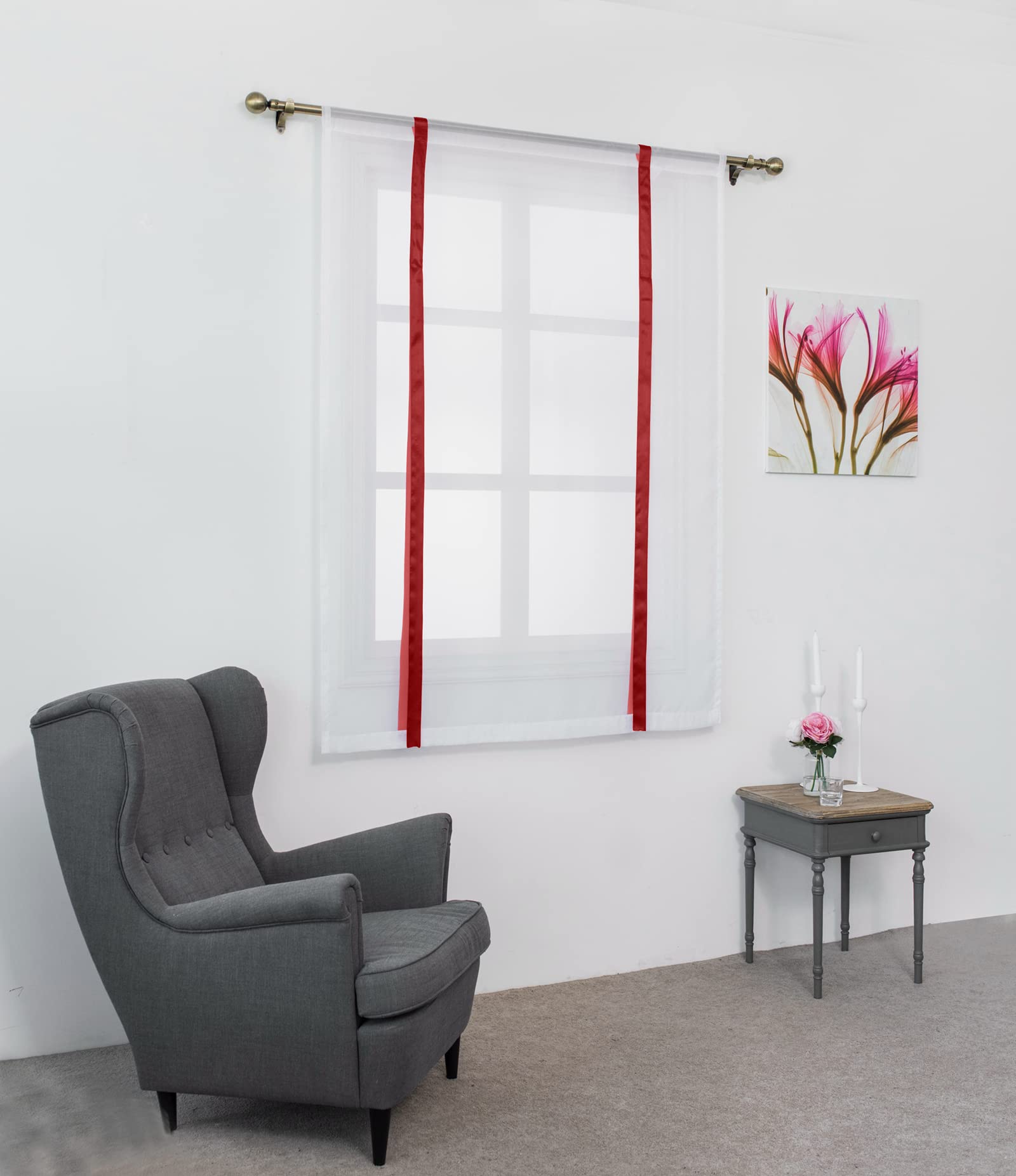 SIMPVALE 1 Piece Roman Blind Translucent Tulle Curtains Vertical Rod Pocket for Bedroom Kitchen Living Room Red Wine Ribbons Width 60 cm x Height 140 cm
