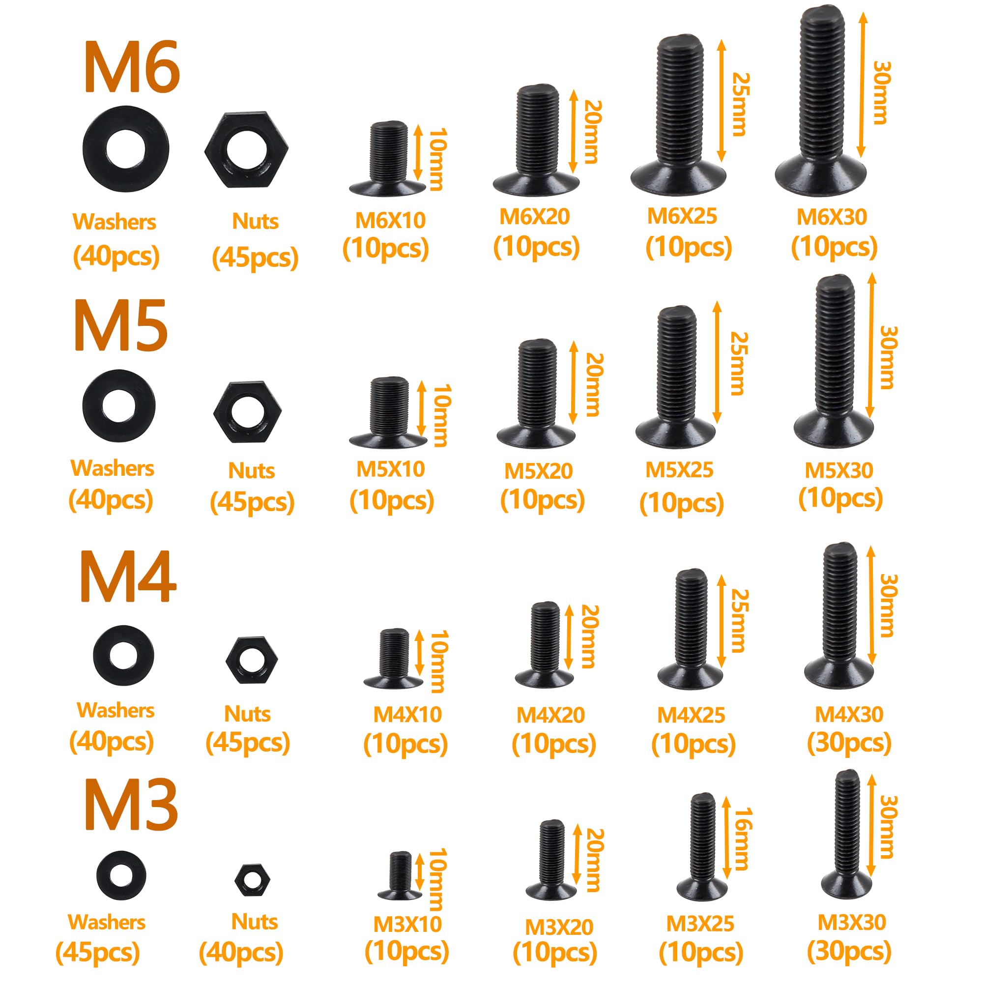 Rshuhx M3 M4 M5 M6 Black Flat head Bolt and Nut set Carbon steel material hexagon head Bolts and nuts washer set fully threaded mechanical fasteners (Comes with reusable storage box)500pieces - Image 2