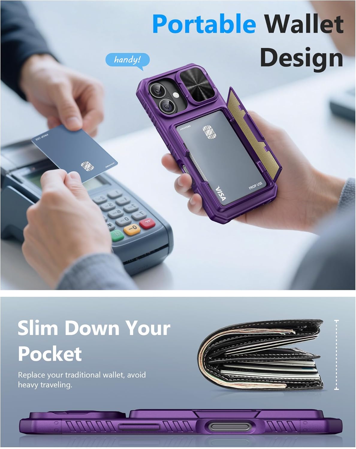 ATATOO for iPhone 17 Case Wallet with HD Tempered Glass Screen Protector [2 Pack], Card Holder & Slide Camera Cover, Military Grade Protection, Protective Case for iPhone 17 6.3" 2025, Dark Purple