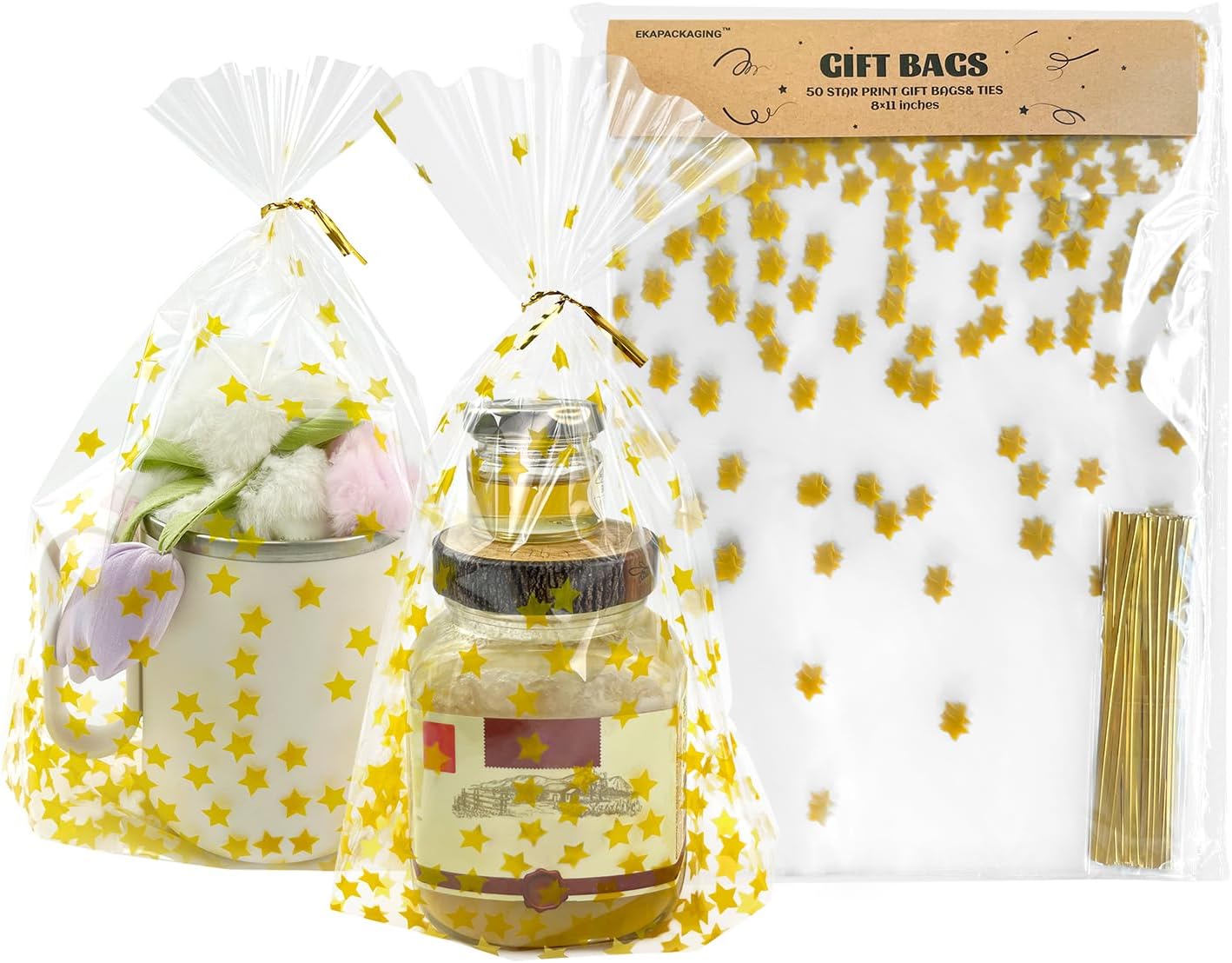 EKAPACKAGING Star Print 8x11Inches 50Pcs Twist Ties Flat Bottom Gusset Cellophane Bags Candy Party Favor Gift Mugs Treats Cookie Goodie Bags Gift Basket Wrapping for Birthday, Easter, Mothers Day