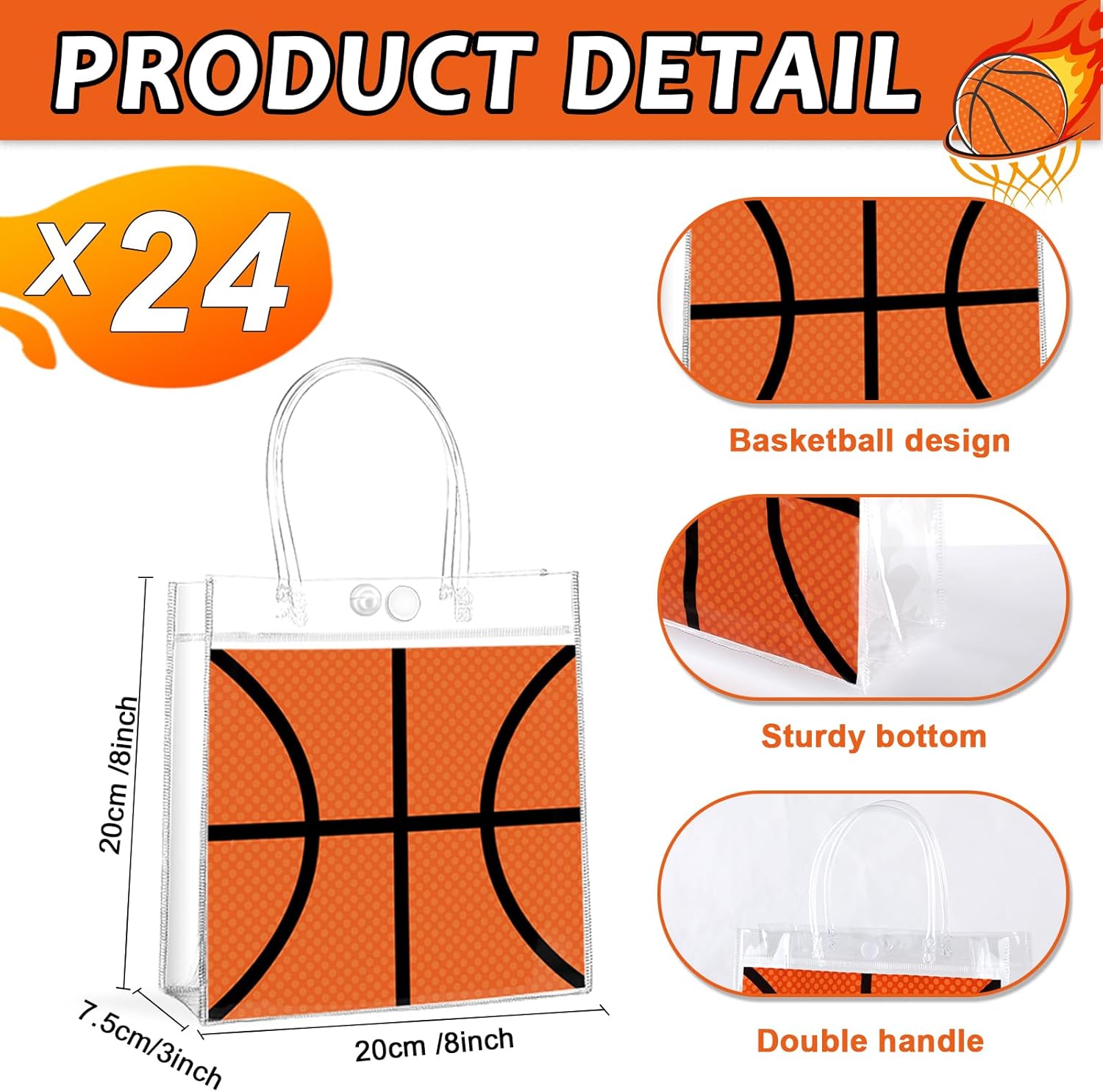 24Pcs Basketball Clear PVC Gift Bags with Handles Bulk 8 x 8 x 3In Sport Theme Goodie Treat Candy Bags Basketball Team Present Wrap Tote Bag for Boys Birthday Party Favor Baby Shower Decors Supplies - Image 2