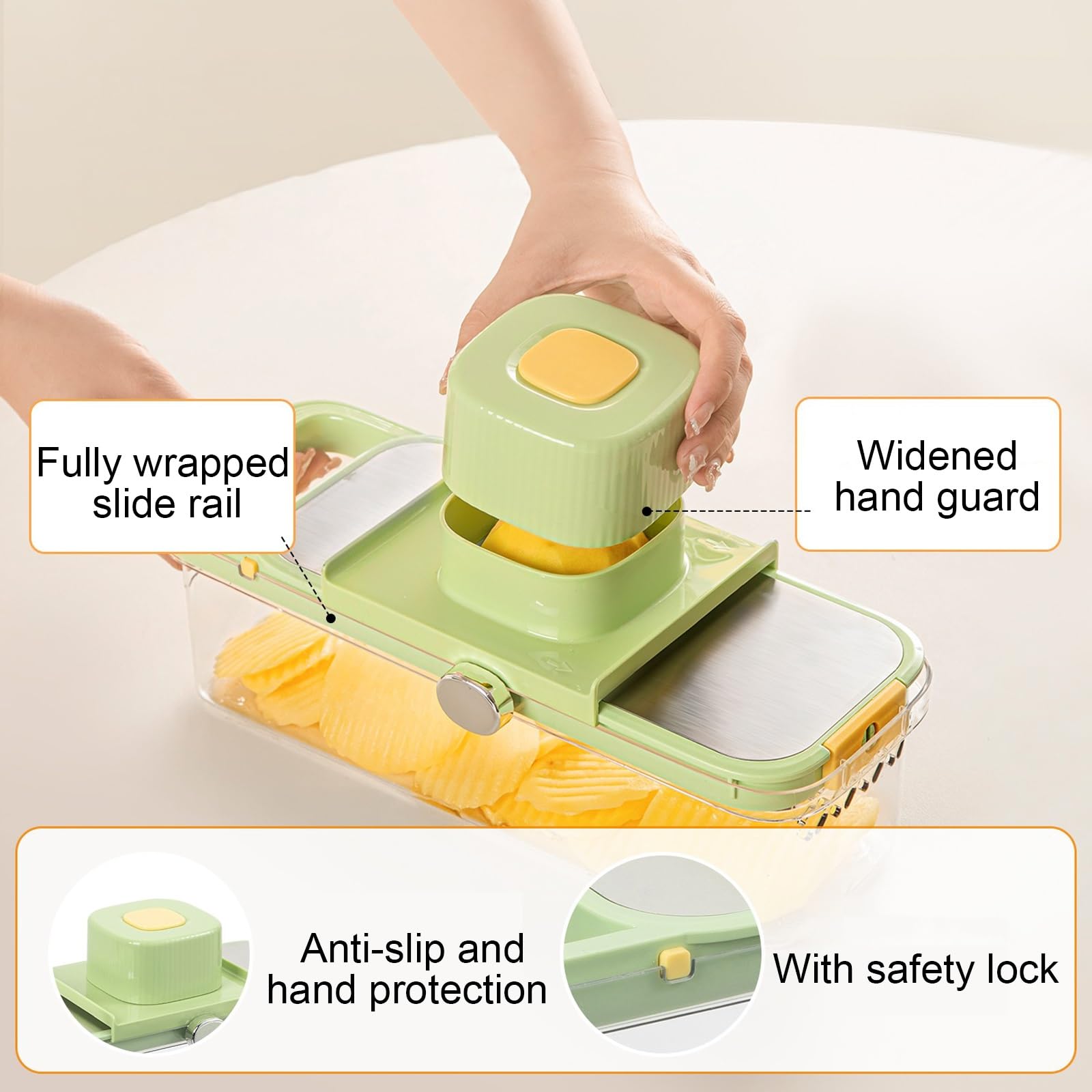 Picadora de Verduras con 5 Cuchillas Reemplazables, Protector de Manos de Seguridad, Rallador de Cebolla y Patata de Cocina con Recipiente(Beige,Small)