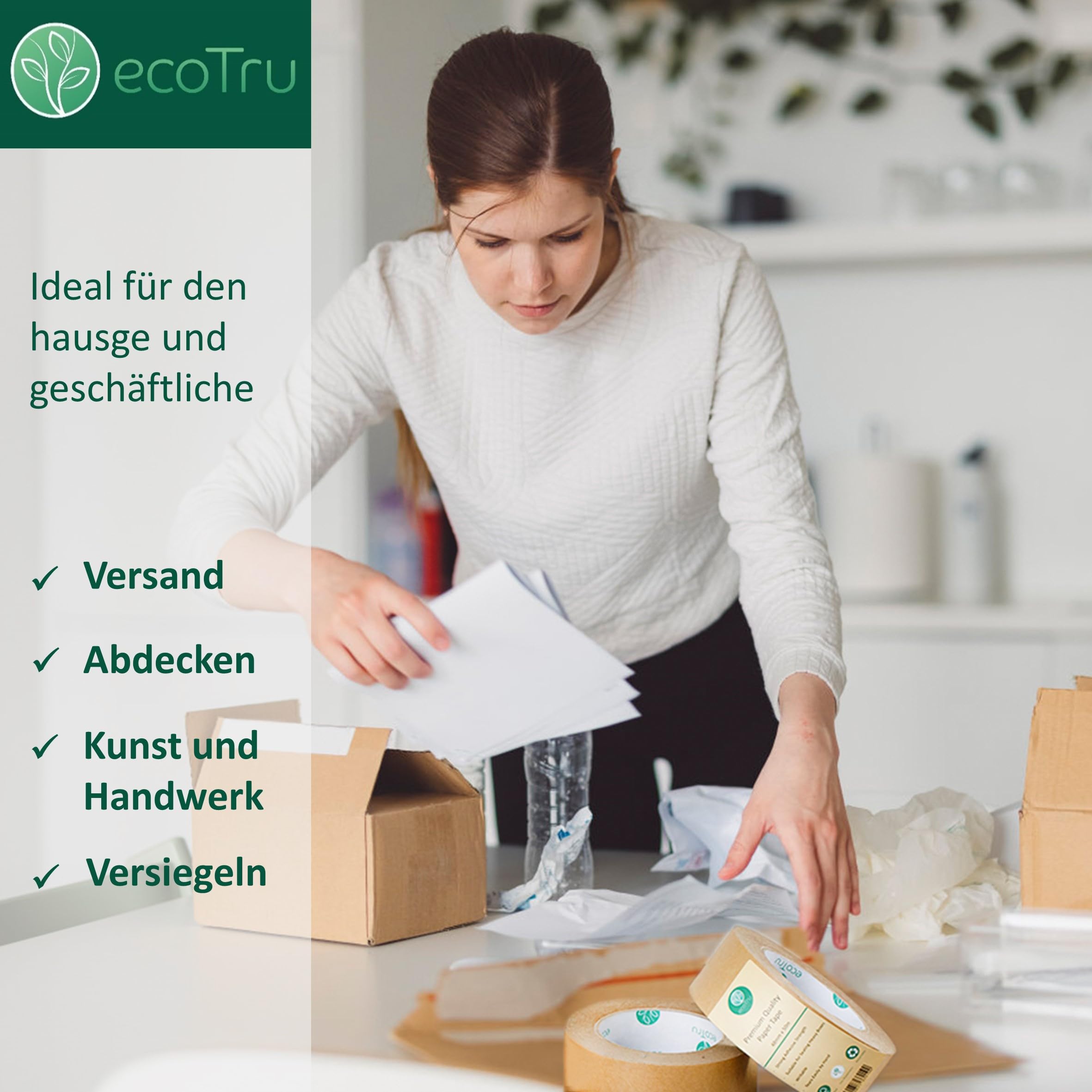 Ultra Strong Papier Paketbänder, Öko Paketband zum Verschließen und Verpackungen, Recycelbar braun Paketklebeband, Biologisch abbaubares, unbeschichtet Papierklebeband, 48mm x 50m 3 Stück