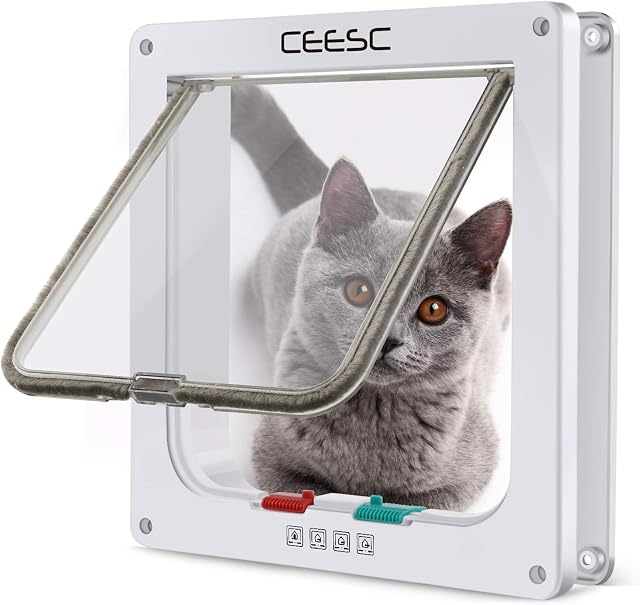 CEESC Cat Flap Door Magnetic Pet Door With 4 Way Lock for Cats, Kitties and Kittens, 3 Sizes and 2 Colors Options (M: 7.56"(W) x 7.87"(H) x 2.17"(D), White)