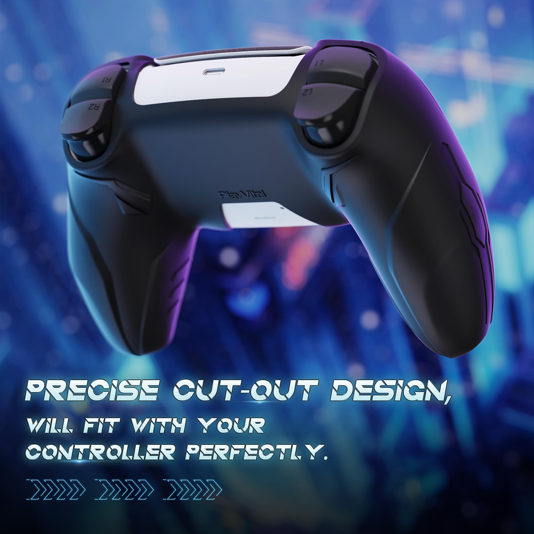PlayVital Cover Silicone per ps5 Controller,Joystick Custodia Protettiva Antiscivolo&Copri Analogici&Adesivo Touchpad,Compatibile con Base di Ricarica,CyberMech-Nero