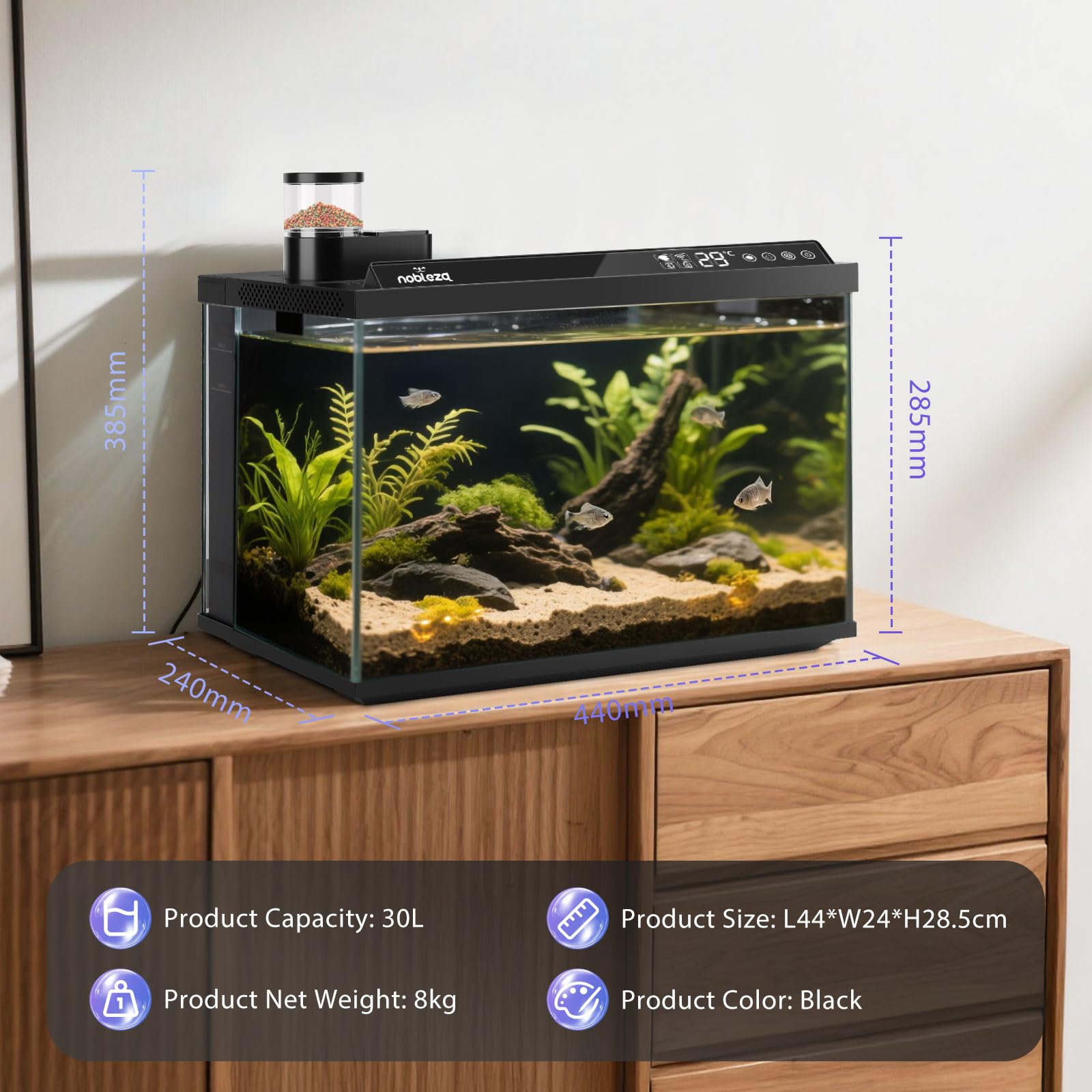 Nobleza Acquario Smart 30L, Set Completo WiFi con App e Cambio Acqua Rapido | Vasca da 30L in vetro ultra-chiaro con controllo smart, pompa a 3 stadi, mangiatoia automatica e luci a 6 modalità per uffici