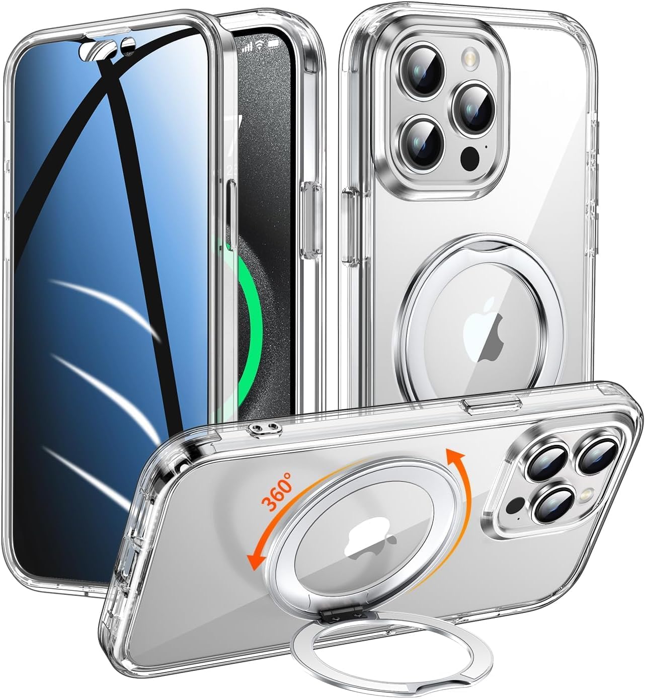 Privacy Case for iPhone 17 Pro Max with 360°Stand [Built-in Anti Peeping Screen Protector] [Magnetic Ring ] Full Body Protective Phone 17Pro Cover 6.9", Clear