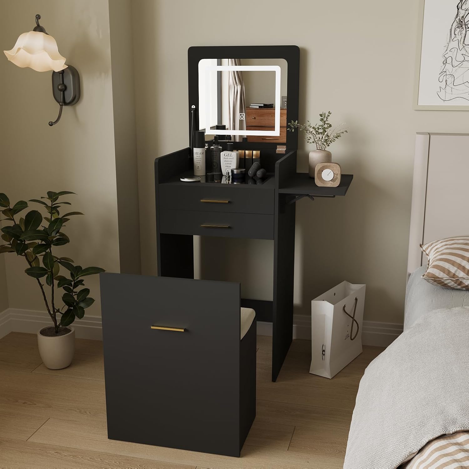 ARTETHYS Small Vanity Desk Set with Flip-top Mirror and Lights Black Integrated 3 in 1 Makeup Vanities Set for Tiny Space Compact Mini Dressing Table with Fold-up Panel and Storage Chair for Bedroom