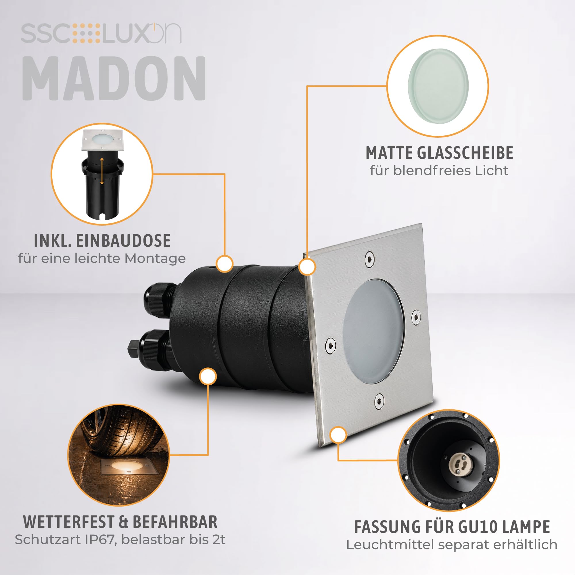 SSC-LUXon MADON Spot de sol carré encastrable extérieur GU10 IP67, lot de 4