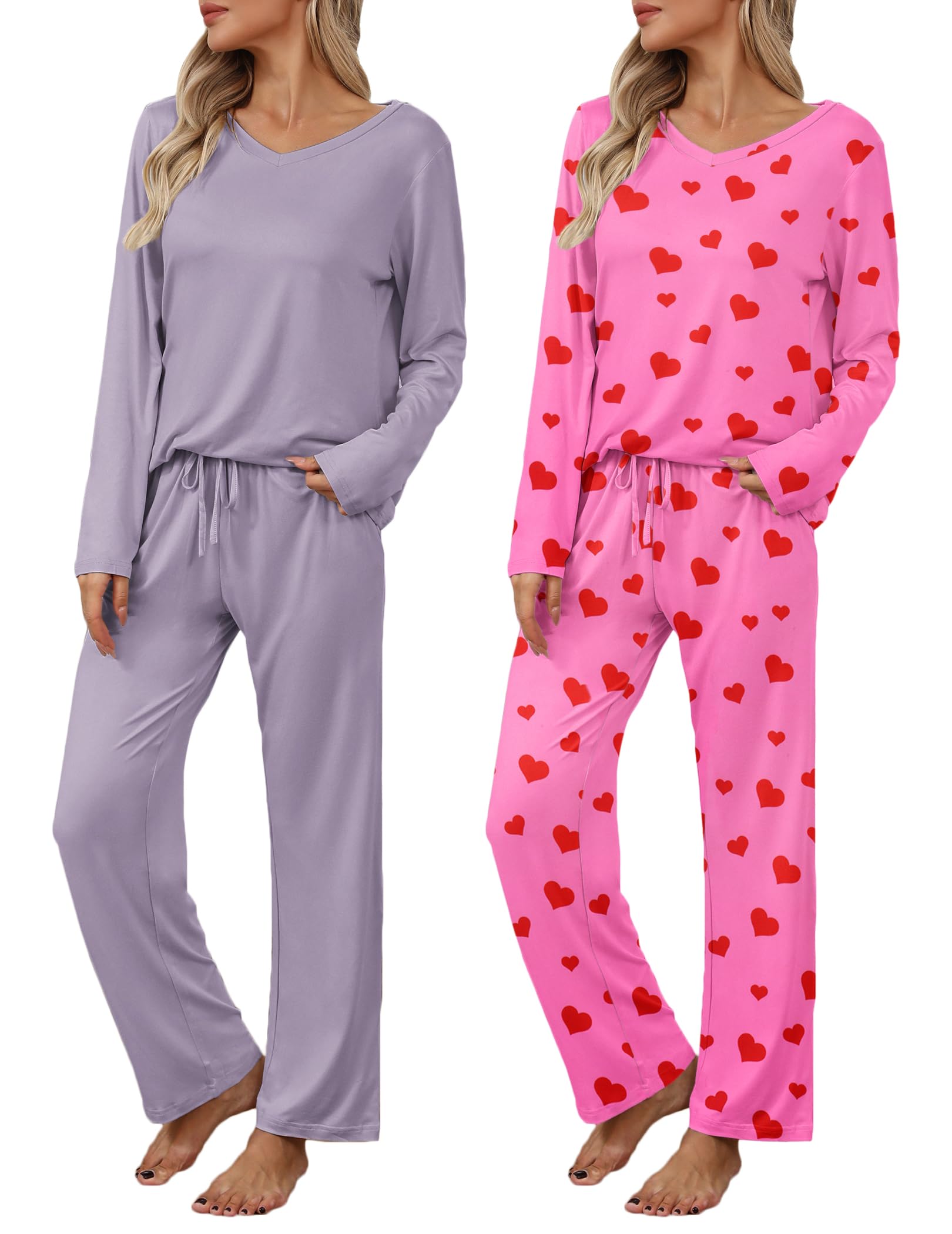 Ekouaer Womens 2 Pack Pajama Set Long Sleeve Pajamas Top and Pants V Neck Pjs Set Soft Loungewear with Pockets