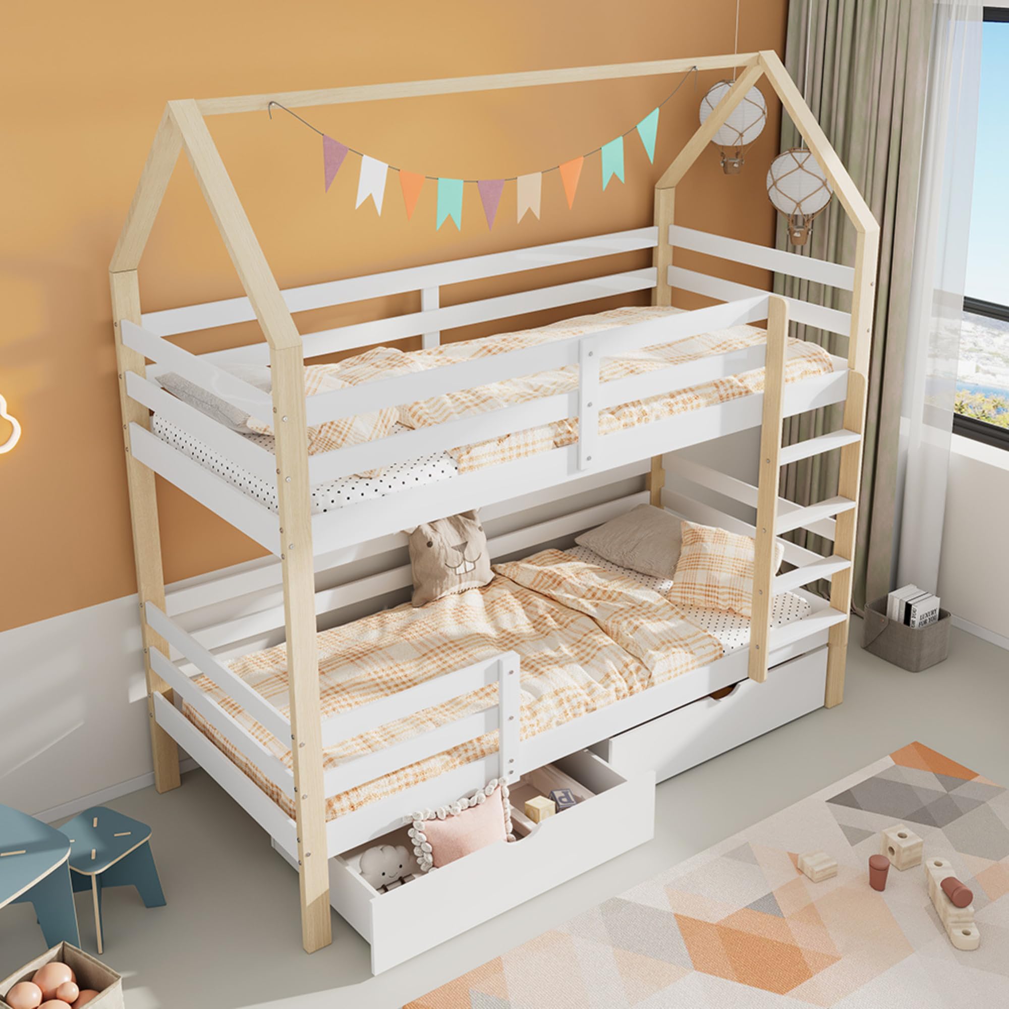 Merax Hochbett 90x200cm, Etagenbett mit Leiter & große Schubladen Stockbett für 2 Kinder mit Rausfallschutz und 2 Lattenrost, Kiefernholz Kinderbett Jugendbett, Doppelbett Hausbett, Holzfarbe & Weiß