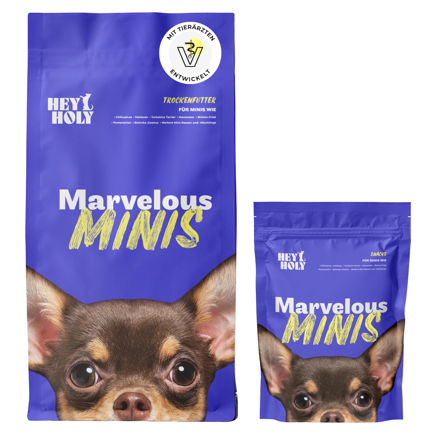 HEY HOLY Set 7 kg Premium Trockenfutter & 1 x 200 g Snacks für Minis 100% getreidefrei | Hundefutter & Leckerlis für ausgewachsene Minis mit Forelle | Hochverträglich aus natürlichen Zutaten