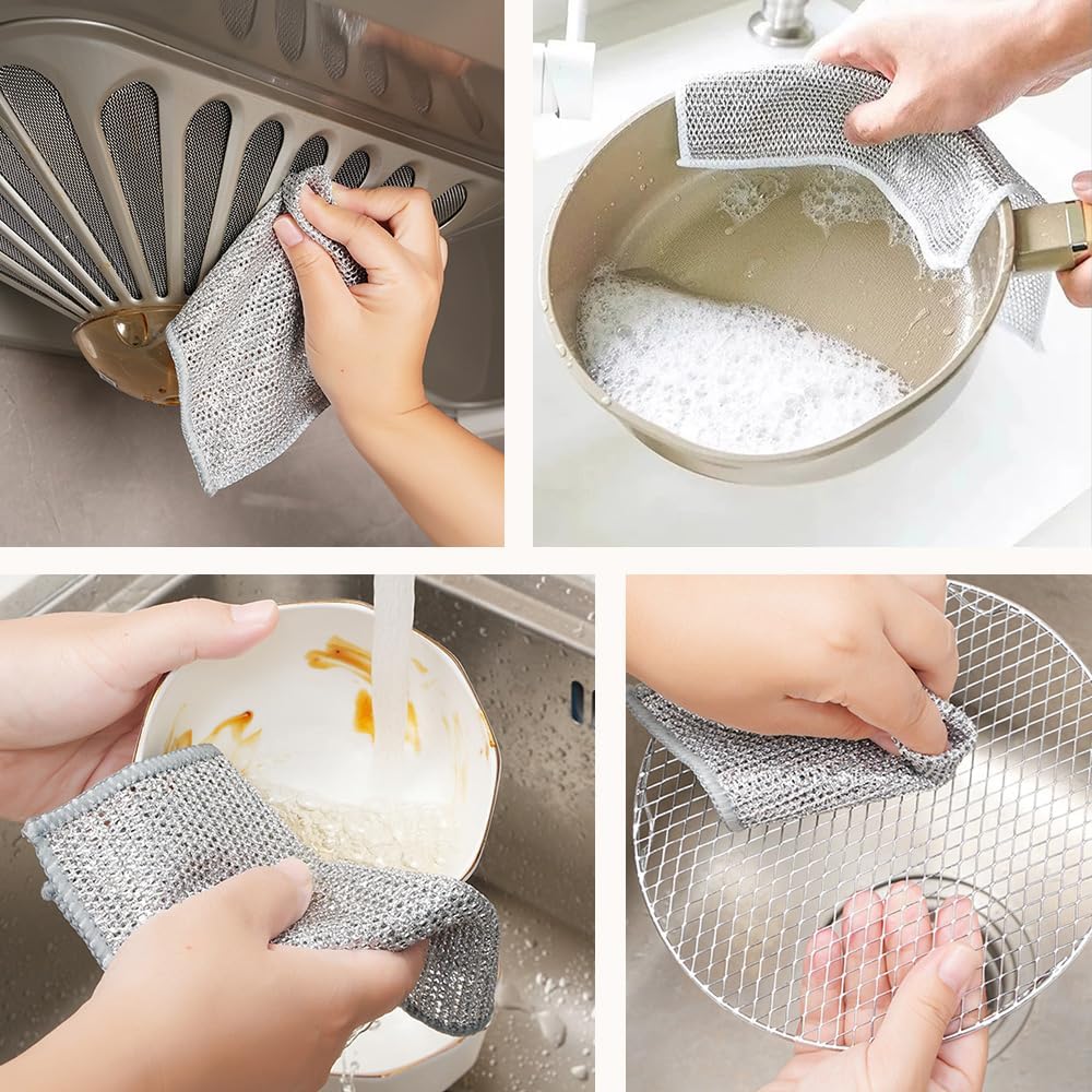 Trapos para lavar platos de doble capa, 8 unidades, paños de limpieza de alambre multiusos antiarañazos para uso húmedo y seco