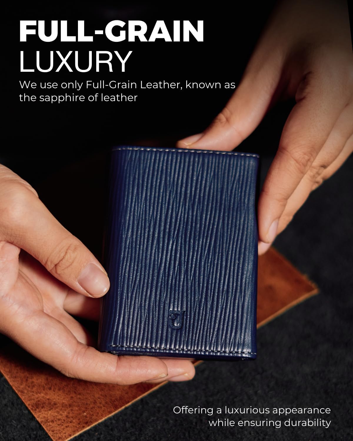 Jenoss Smart Wallet For Men: Full Grain Leather, Handcrafted, Slide Metal Pop Up Case, Slim RFID Blocking Credit Card Holder, Minimalist, Compact - 9-12 Card Organizers | ID | Money Clip (EPI Navy) - Image 2