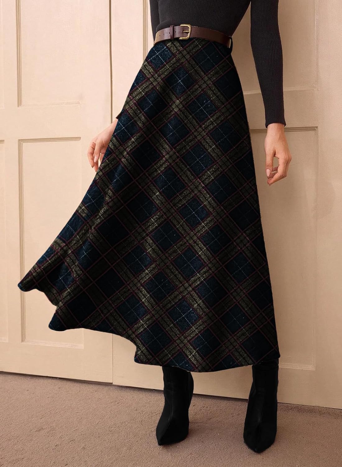 Pink Queen Plaid Skirts for Women 2026 Flared Vintage High Waist A Line Midi Tartan Skirts with Pockets - Image 3