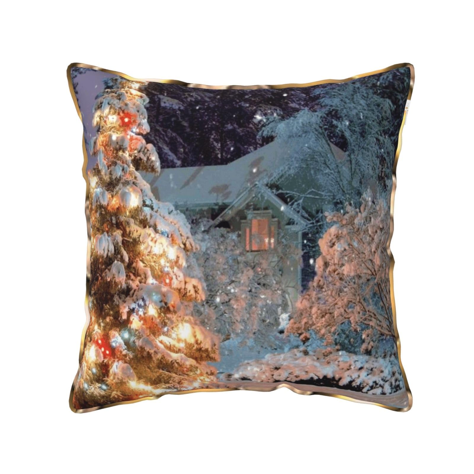 AUBKFELD Christmas Tree Snow Printed Velvet Cushion Cover 40x40 CM with Gold Edging Strip, Square Pillowcase Soft Throw Pillow Covers Case Decorative for Living Room Sofa Couch Bed Bench