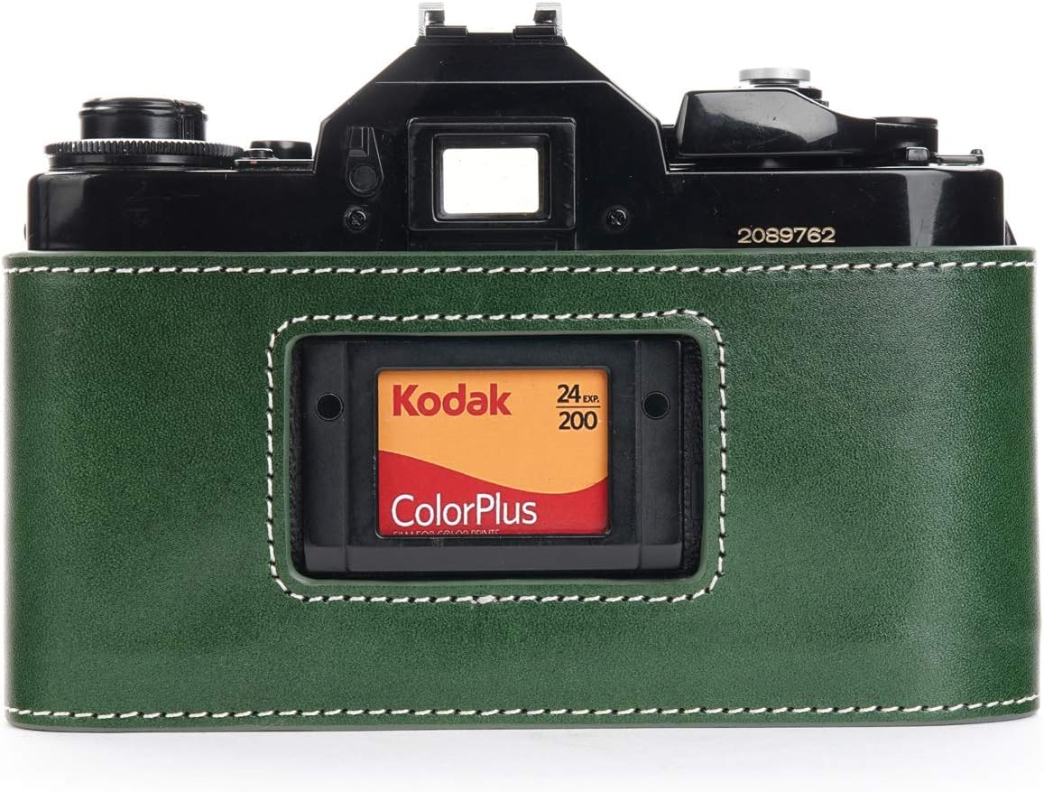A-1 Case, BolinUS Handmade Genuine Real Leather Half Camera Case Bag Cover for Canon New AE-1 AE-1P A-1 (with Handle) Camera with Hand Strap (Green)